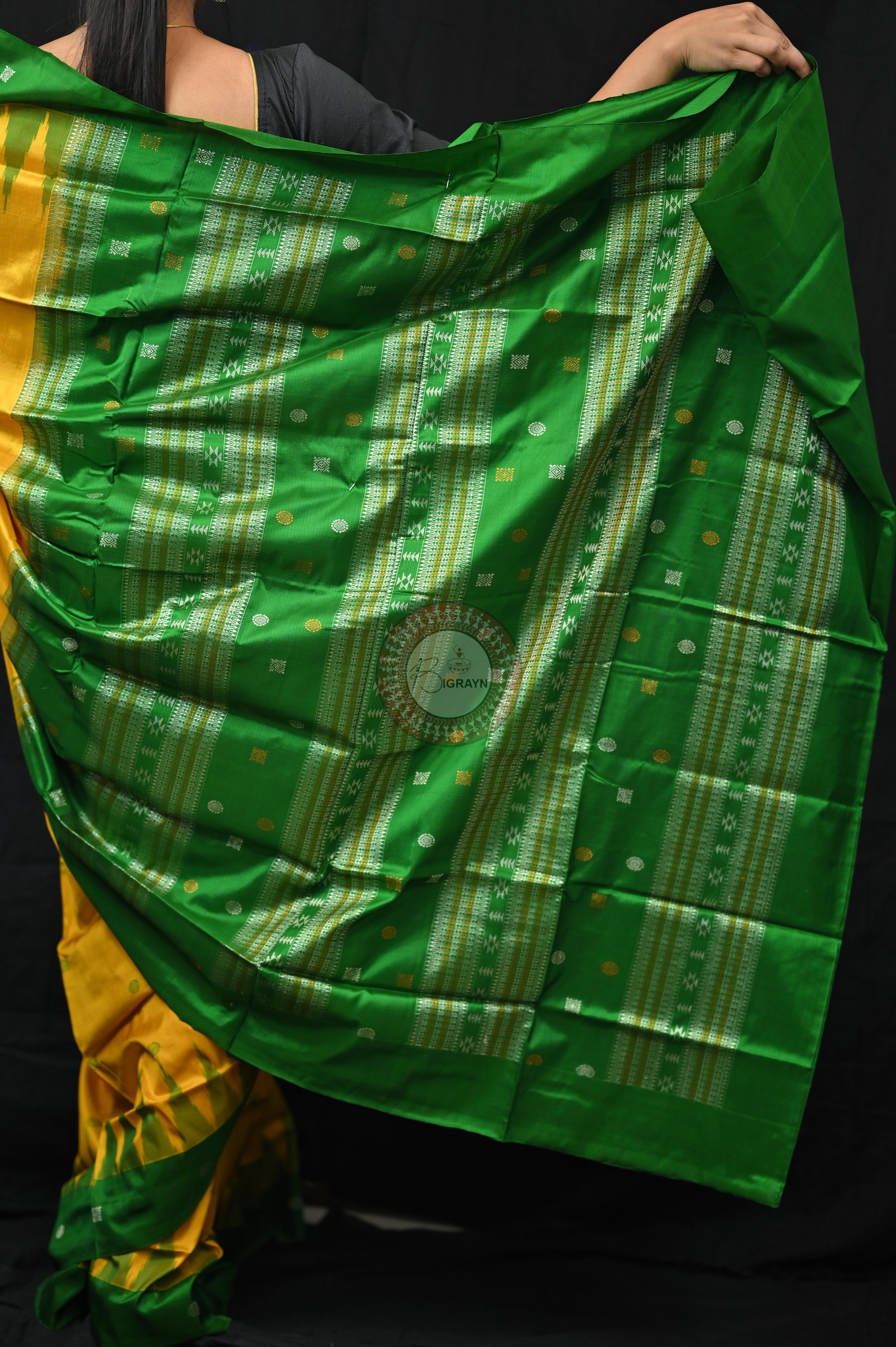 Yellow Green Plain Border Bomkai Silk Saree