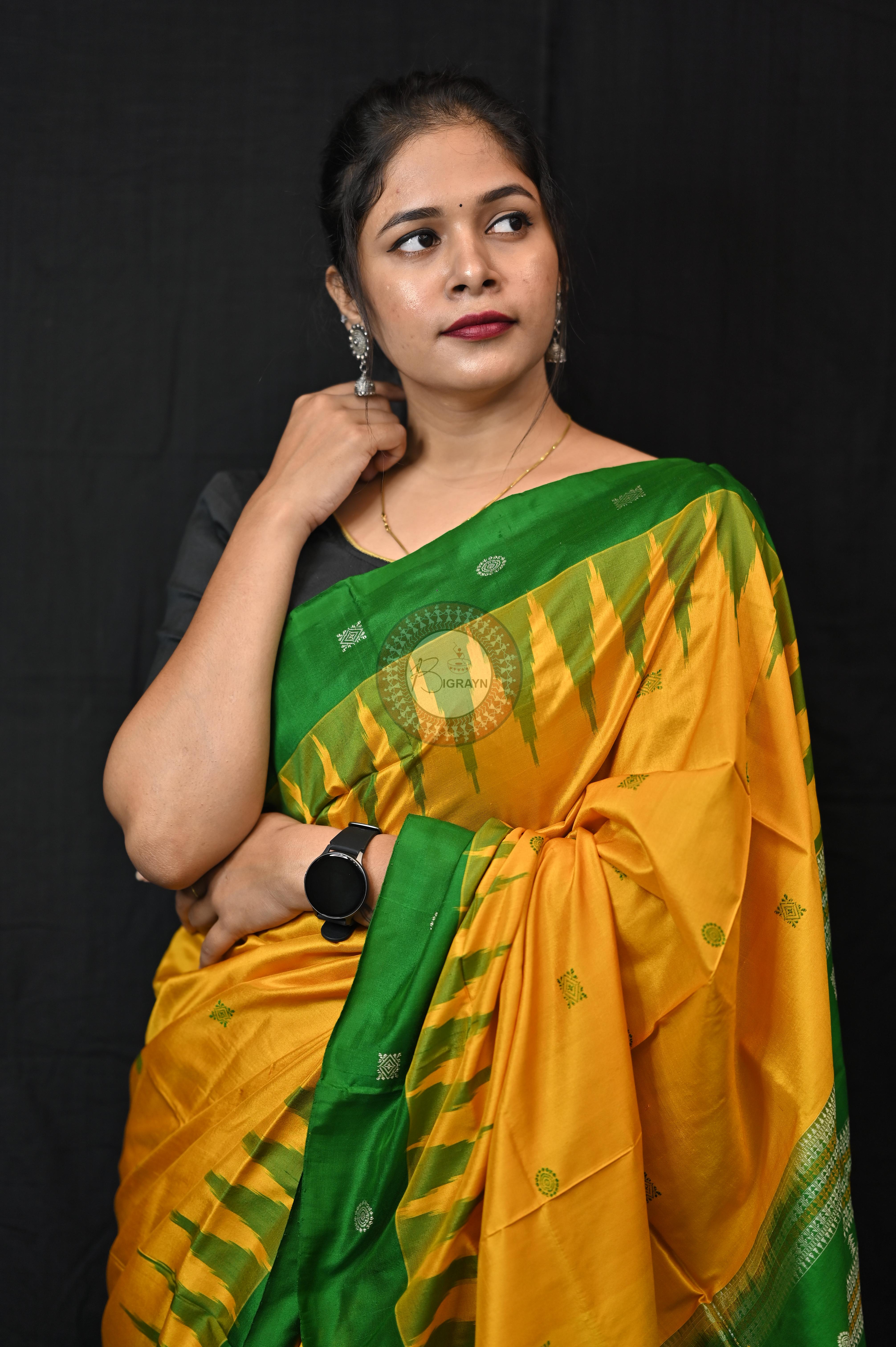 Yellow Green Plain Border Bomkai Silk Saree