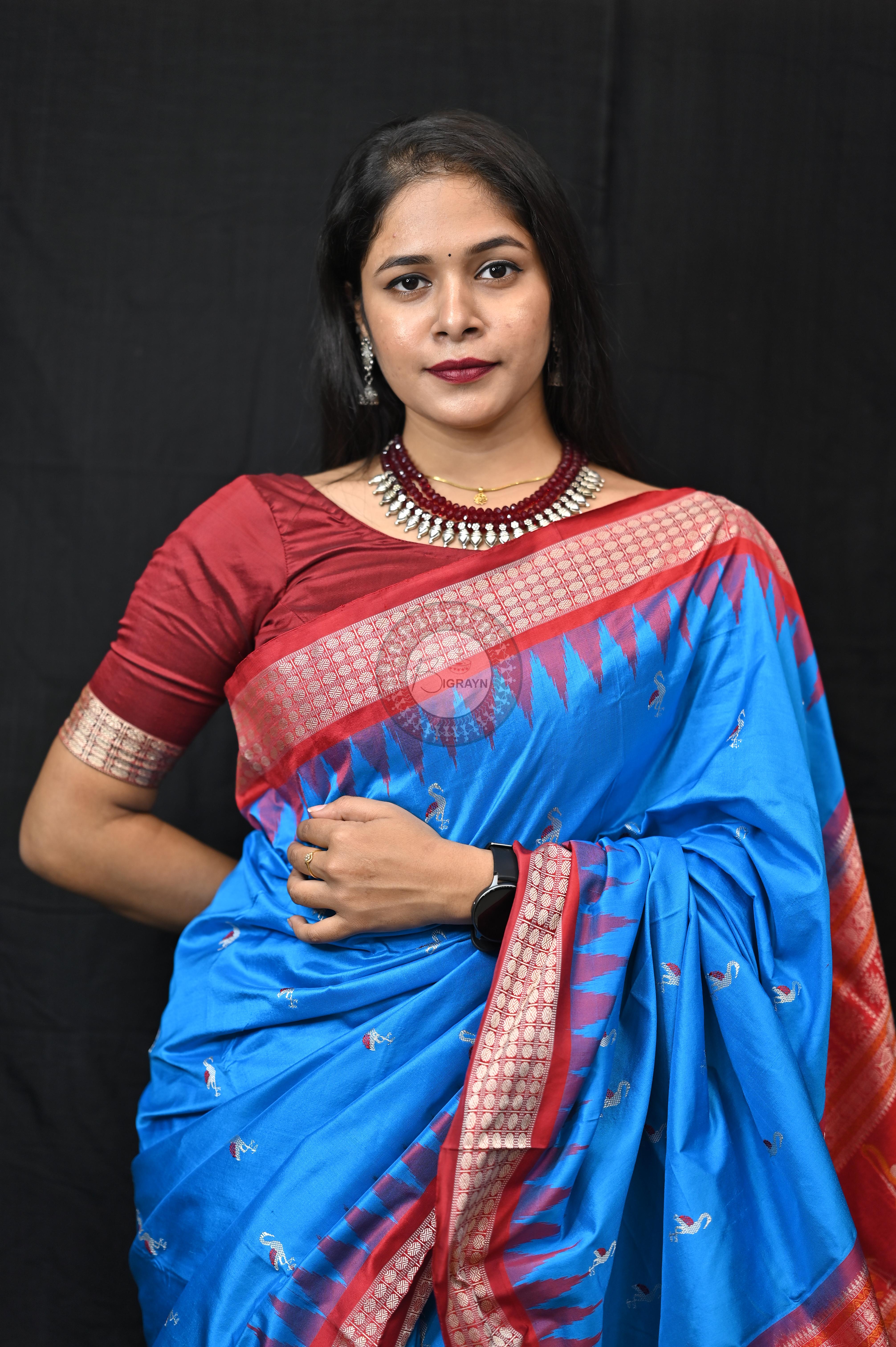 Blue Red Small Flamingo Bomkai Silk Saree