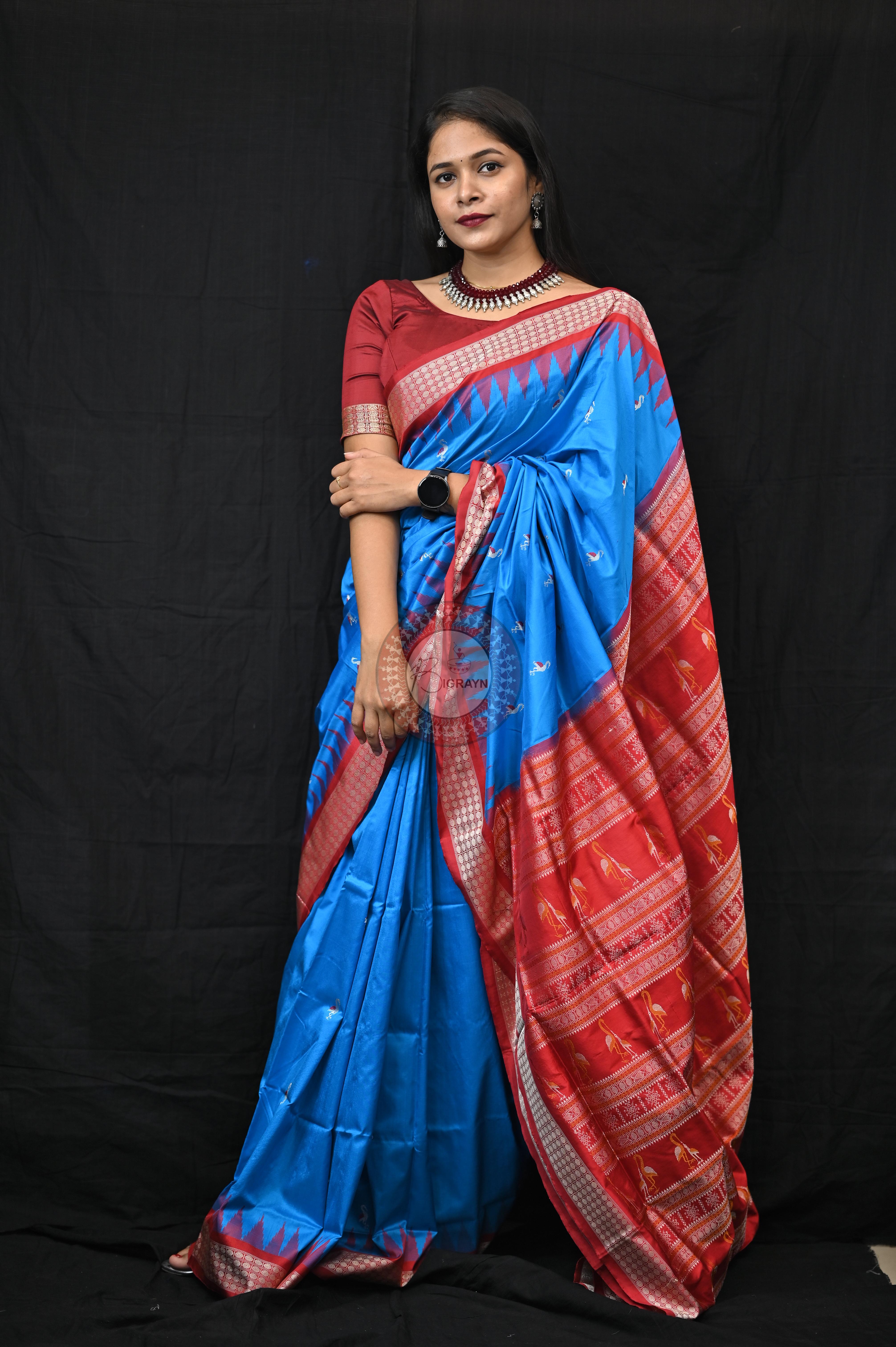 Blue Red Small Flamingo Bomkai Silk Saree