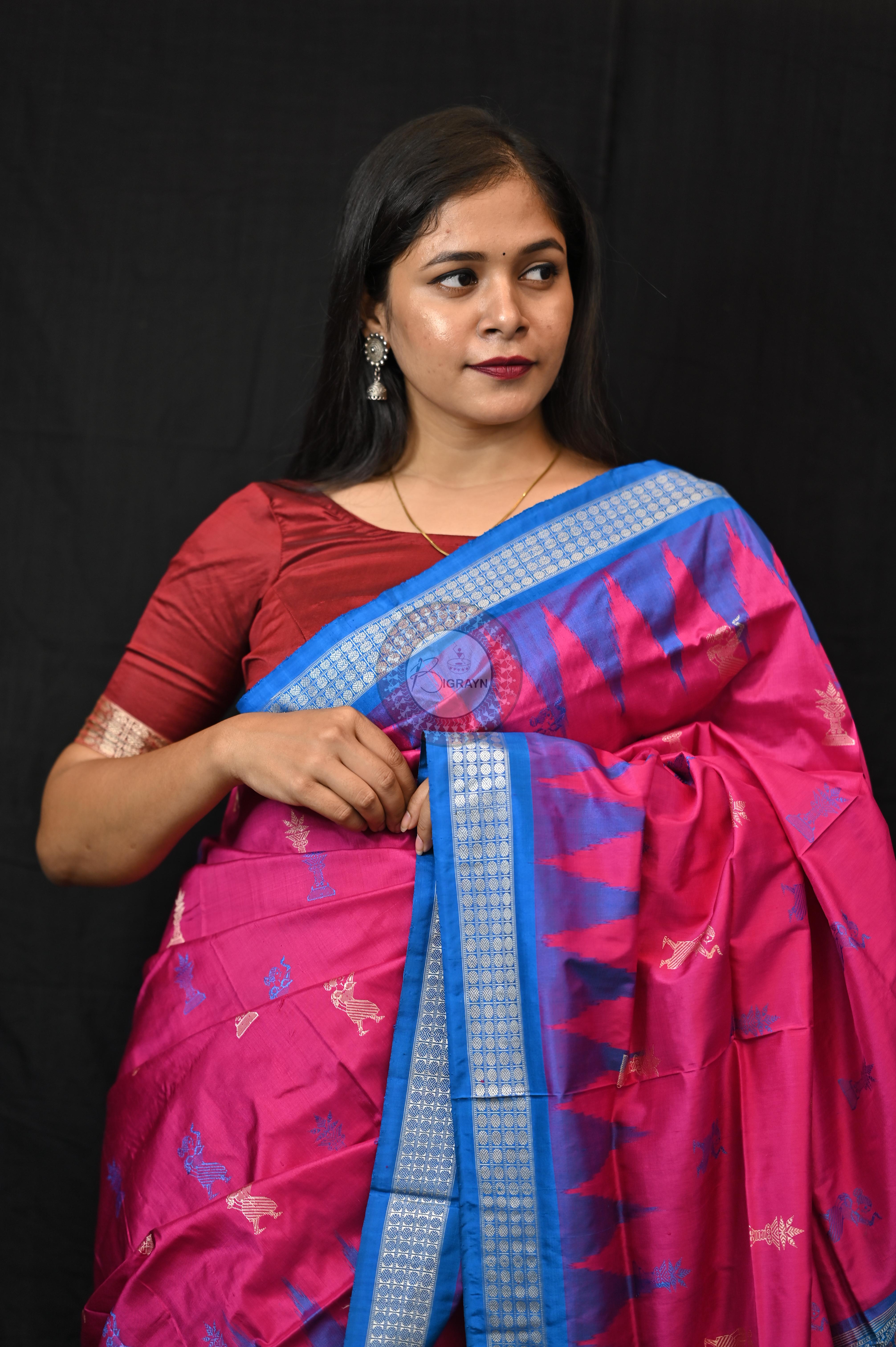 Magenta Blue Tribal Tulsi Leaves Bomkai Silk Saree
