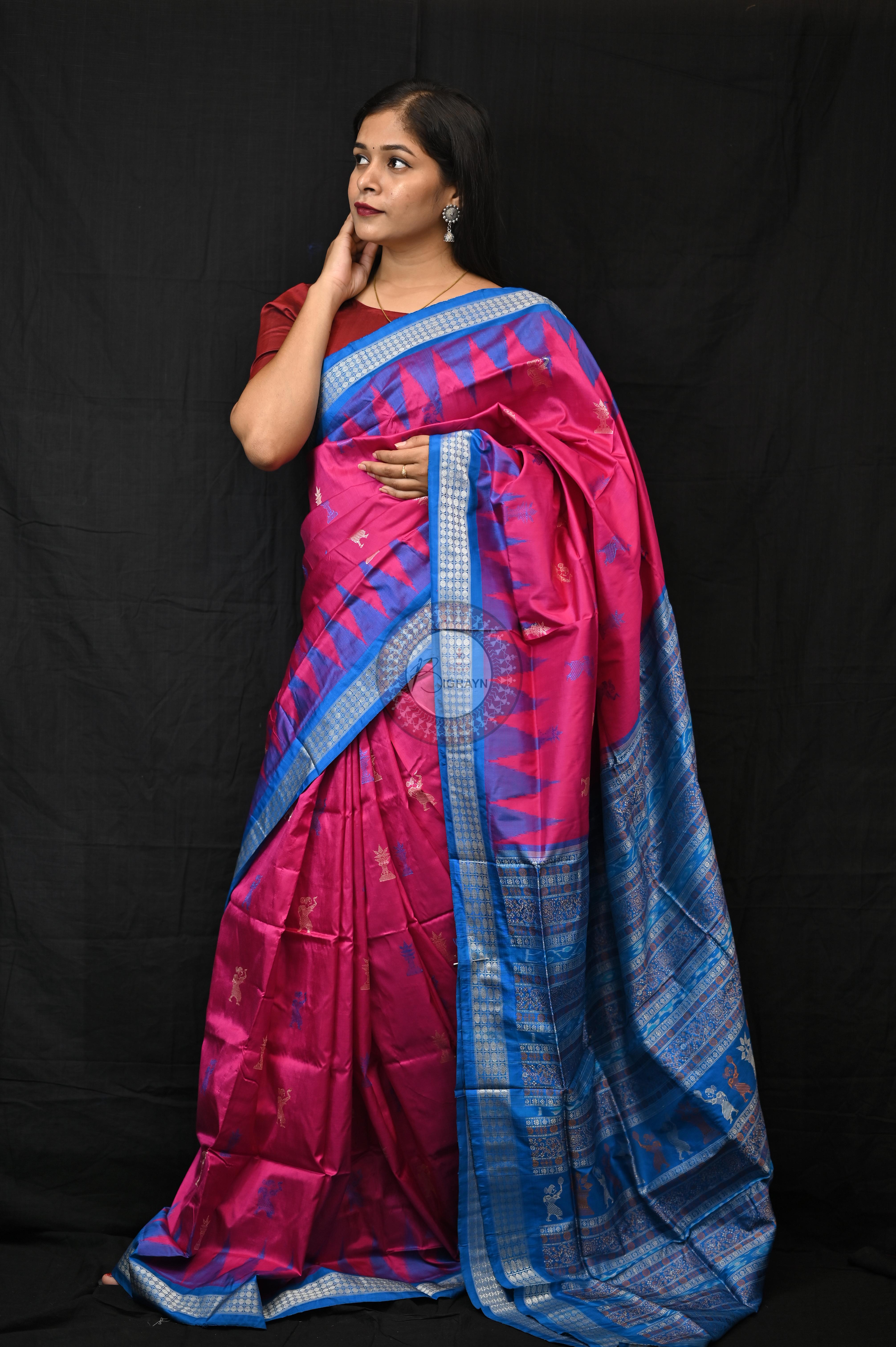 Magenta Blue Tribal Tulsi Leaves Bomkai Silk Saree
