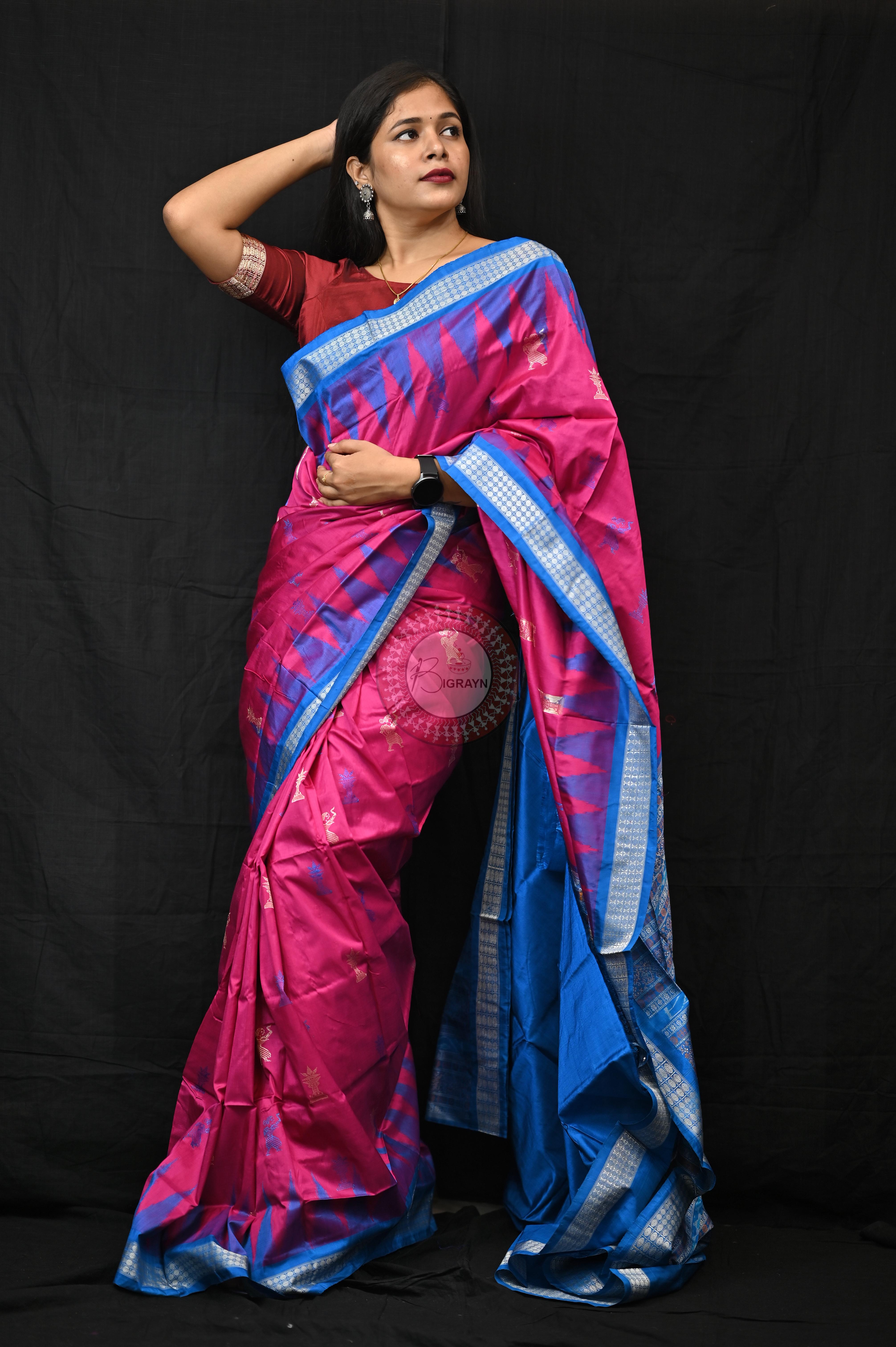 Magenta Blue Tribal Tulsi Leaves Bomkai Silk Saree