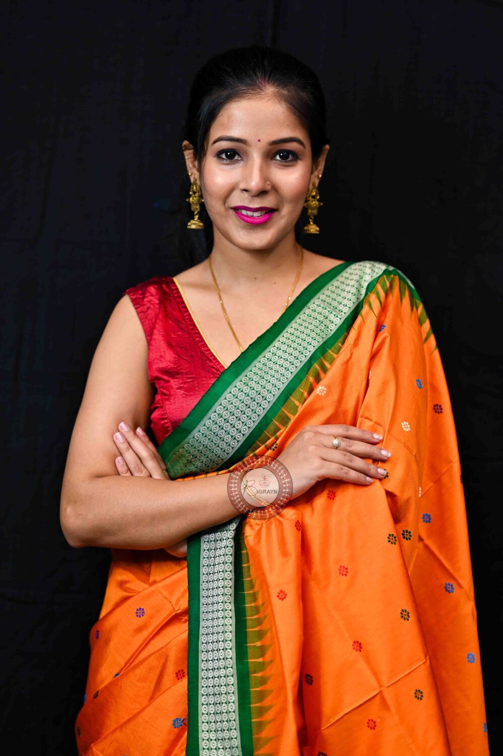 Orange Green Dolabedi Silk Saree