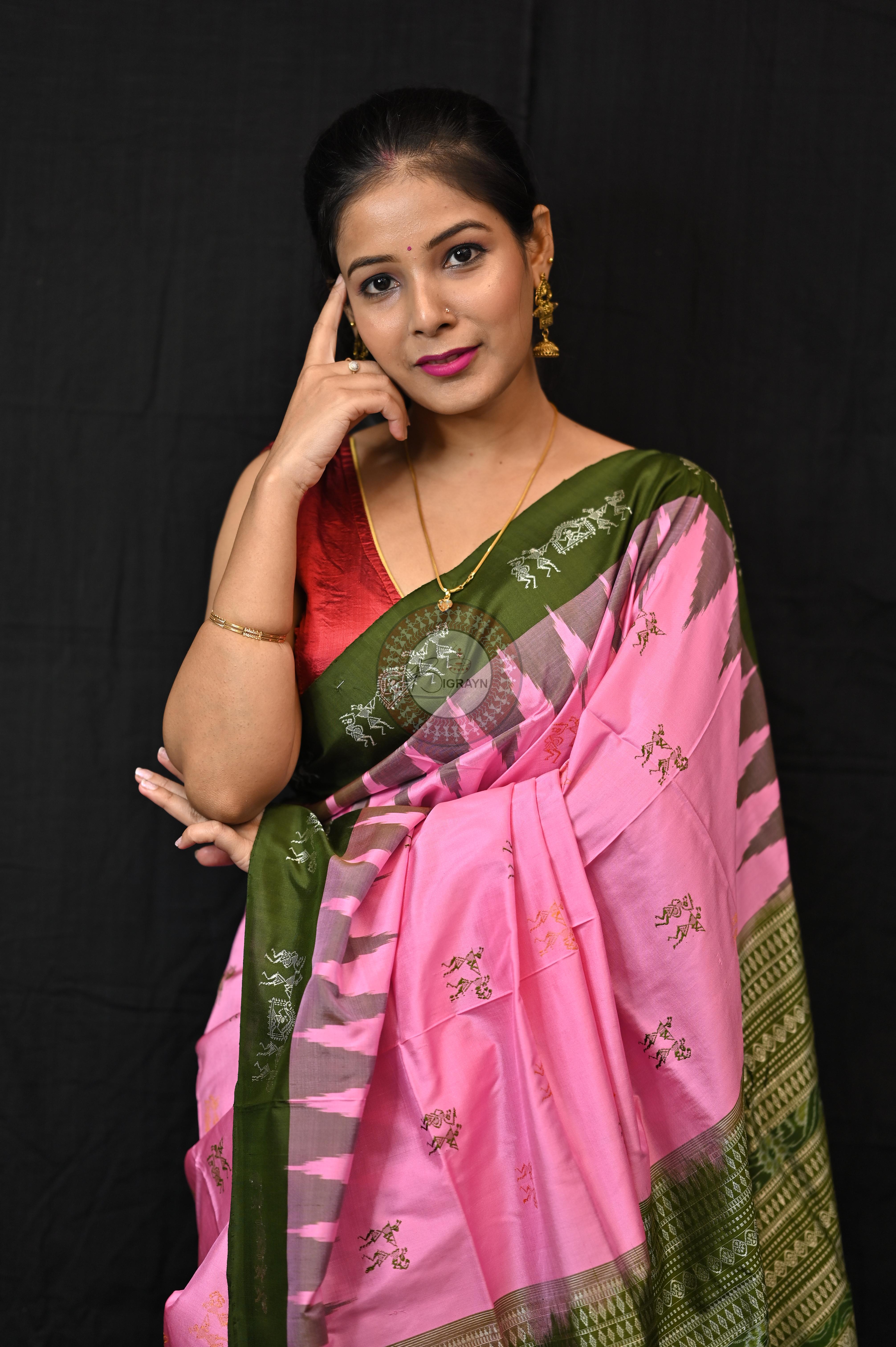 Pink Mehendi Green Sabari Bomkai Silk Saree
