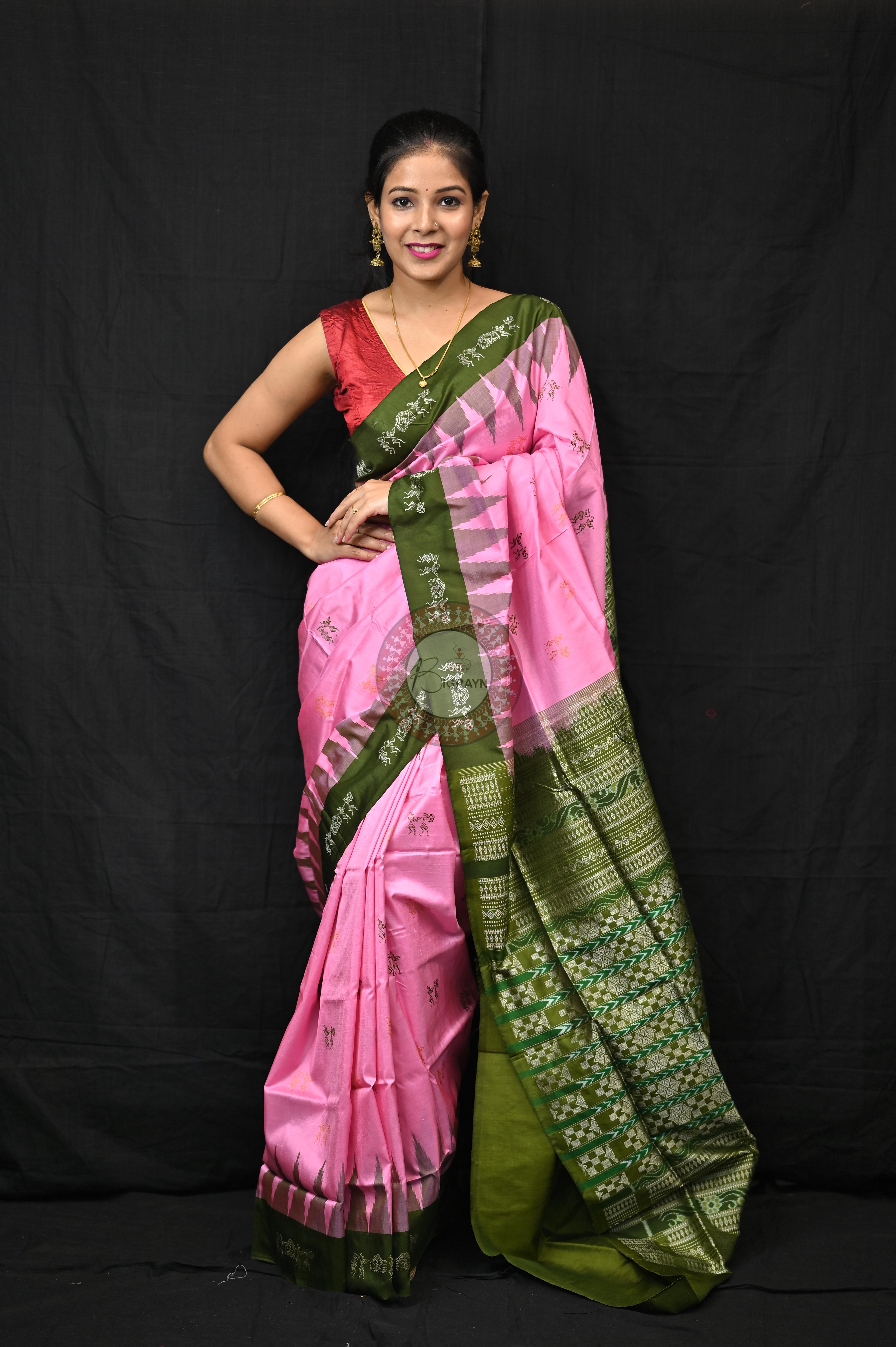 Pink Mehendi Green Sabari Bomkai Silk Saree