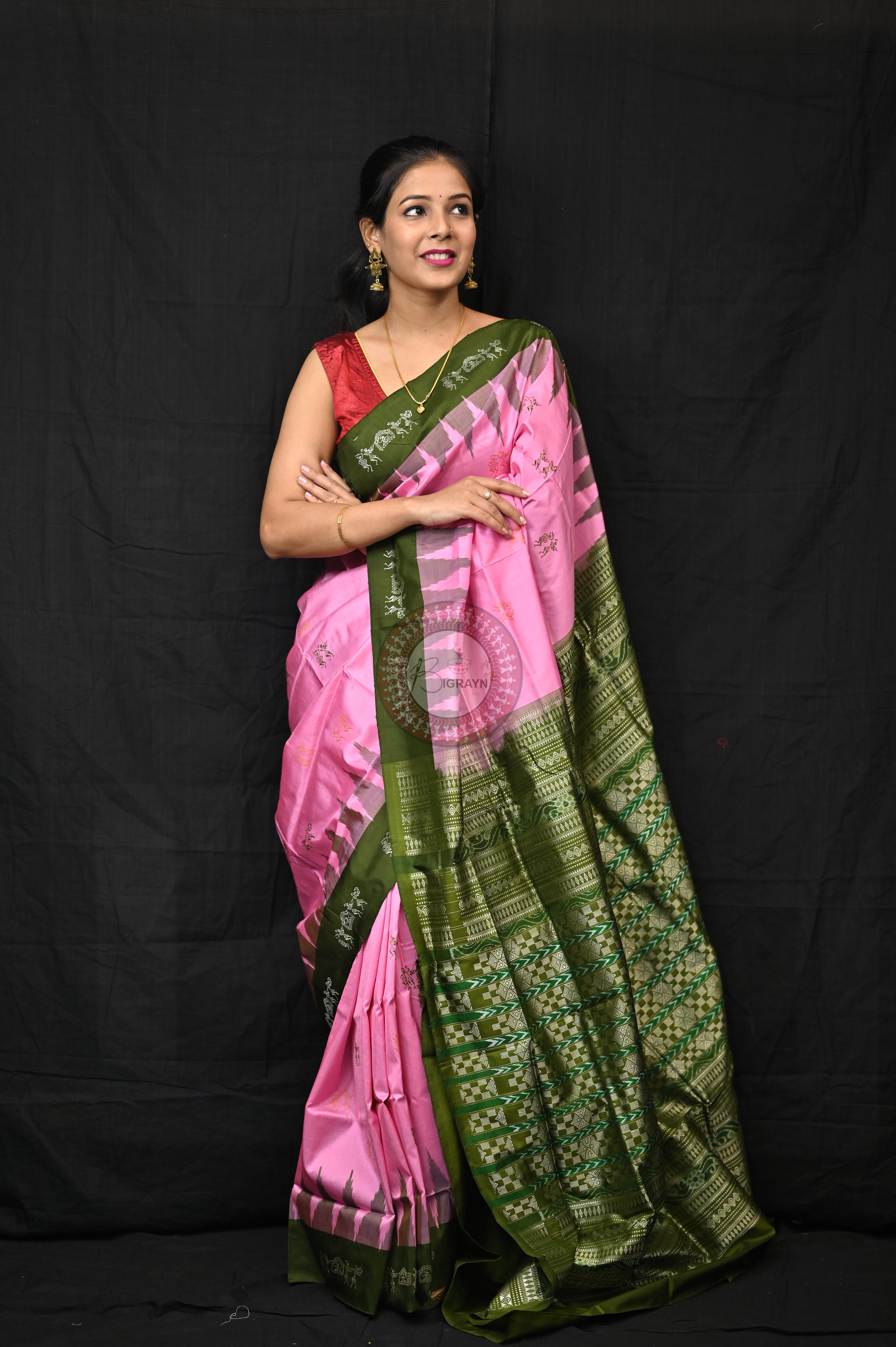 Pink Mehendi Green Sabari Bomkai Silk Saree