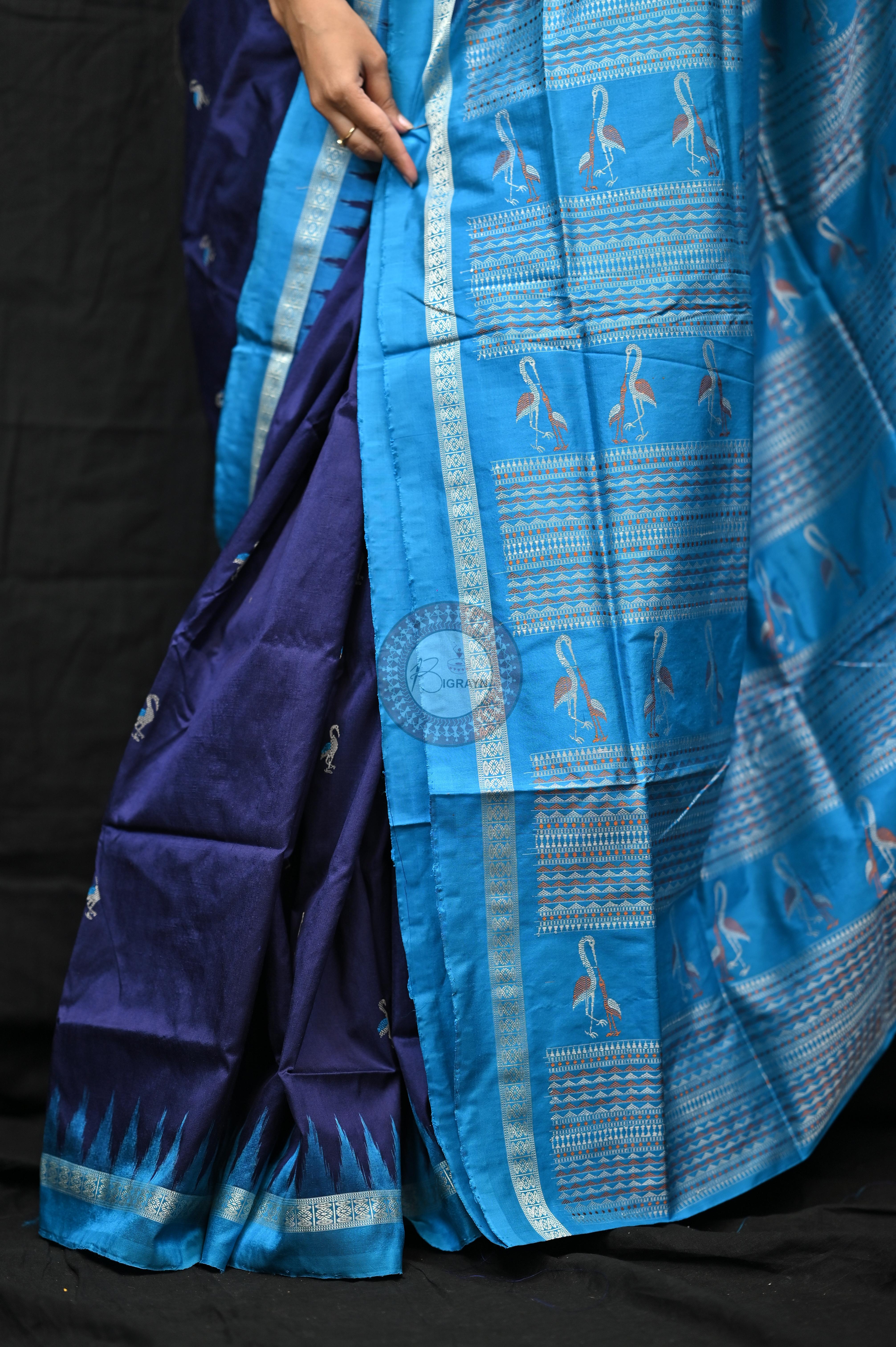Navy Blue Copper Sulphate Birds Odisha Handloom Bomkai Silk Saree