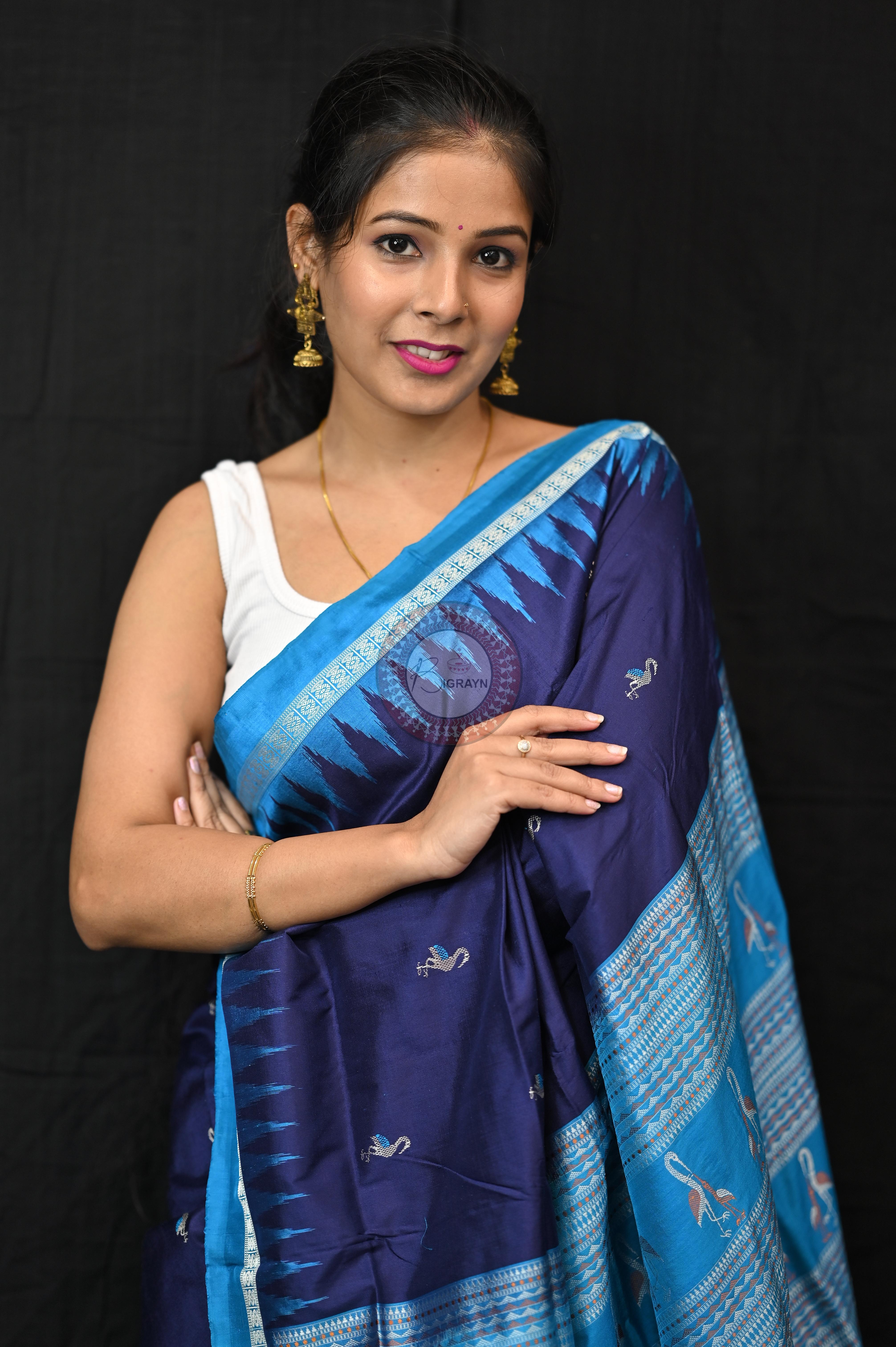 Navy Blue Copper Sulphate Birds Odisha Handloom Bomkai Silk Saree