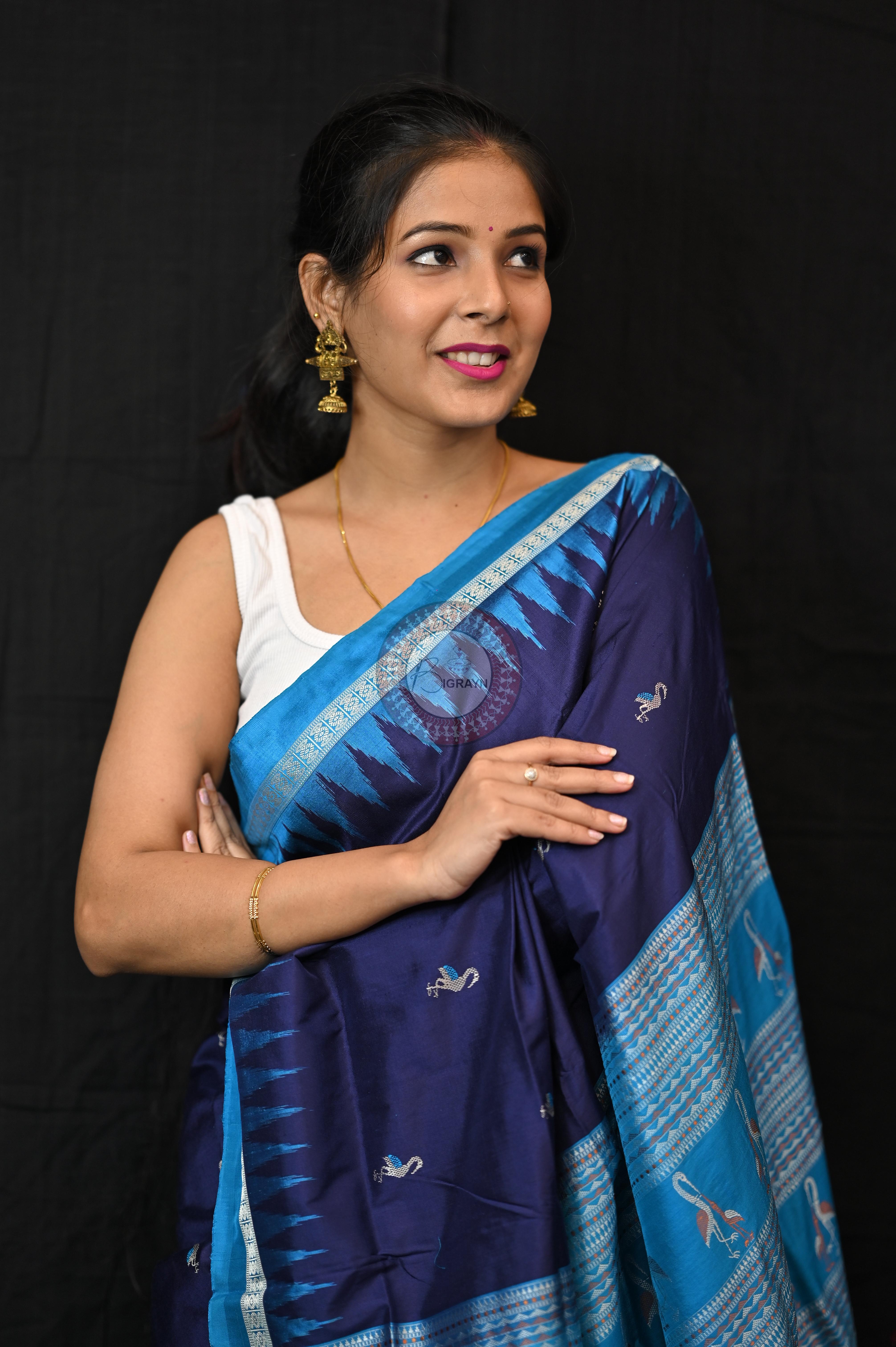 Navy Blue Copper Sulphate Birds Odisha Handloom Bomkai Silk Saree