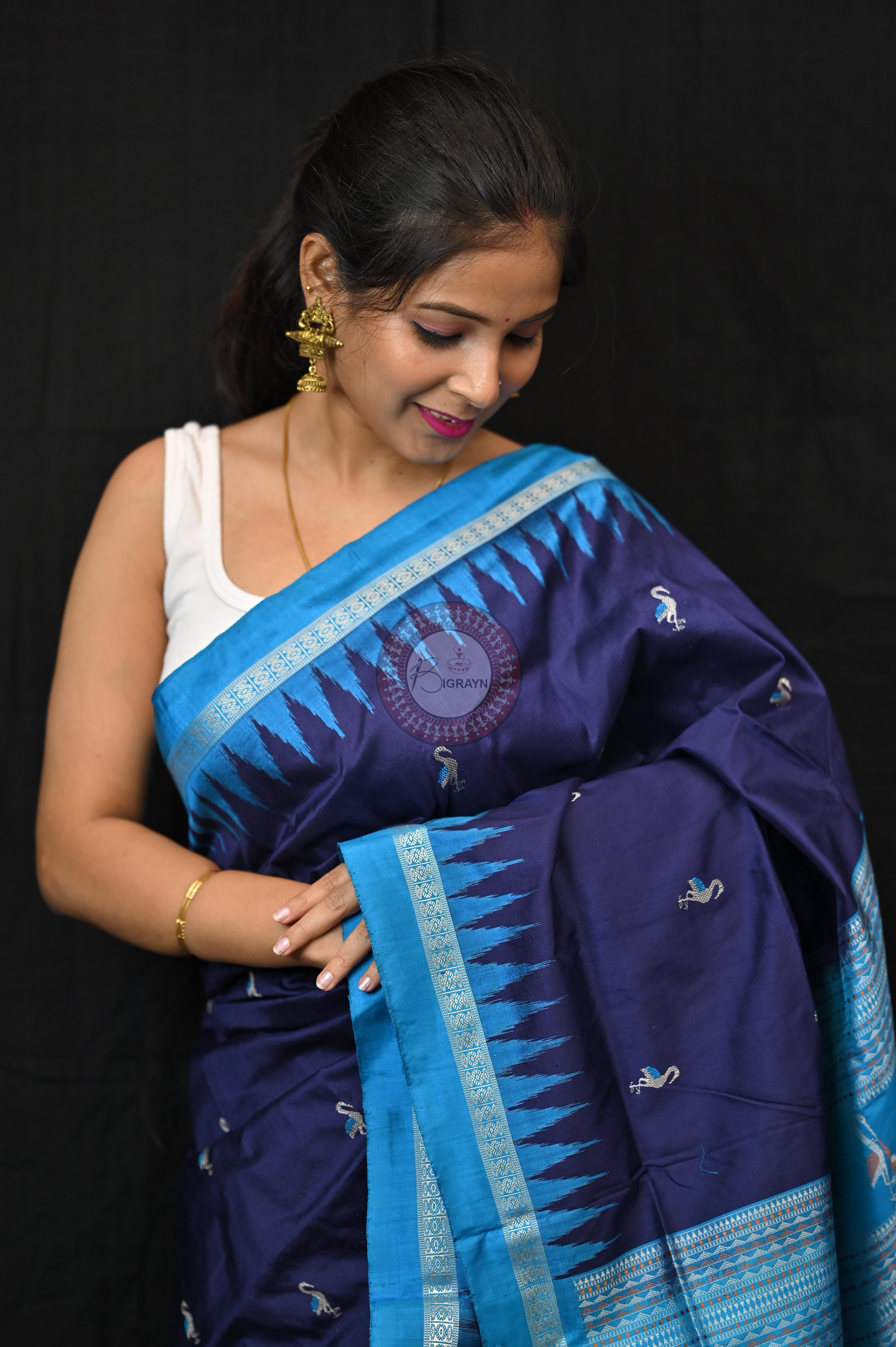 Navy Blue Copper Sulphate Birds Odisha Handloom Bomkai Silk Saree