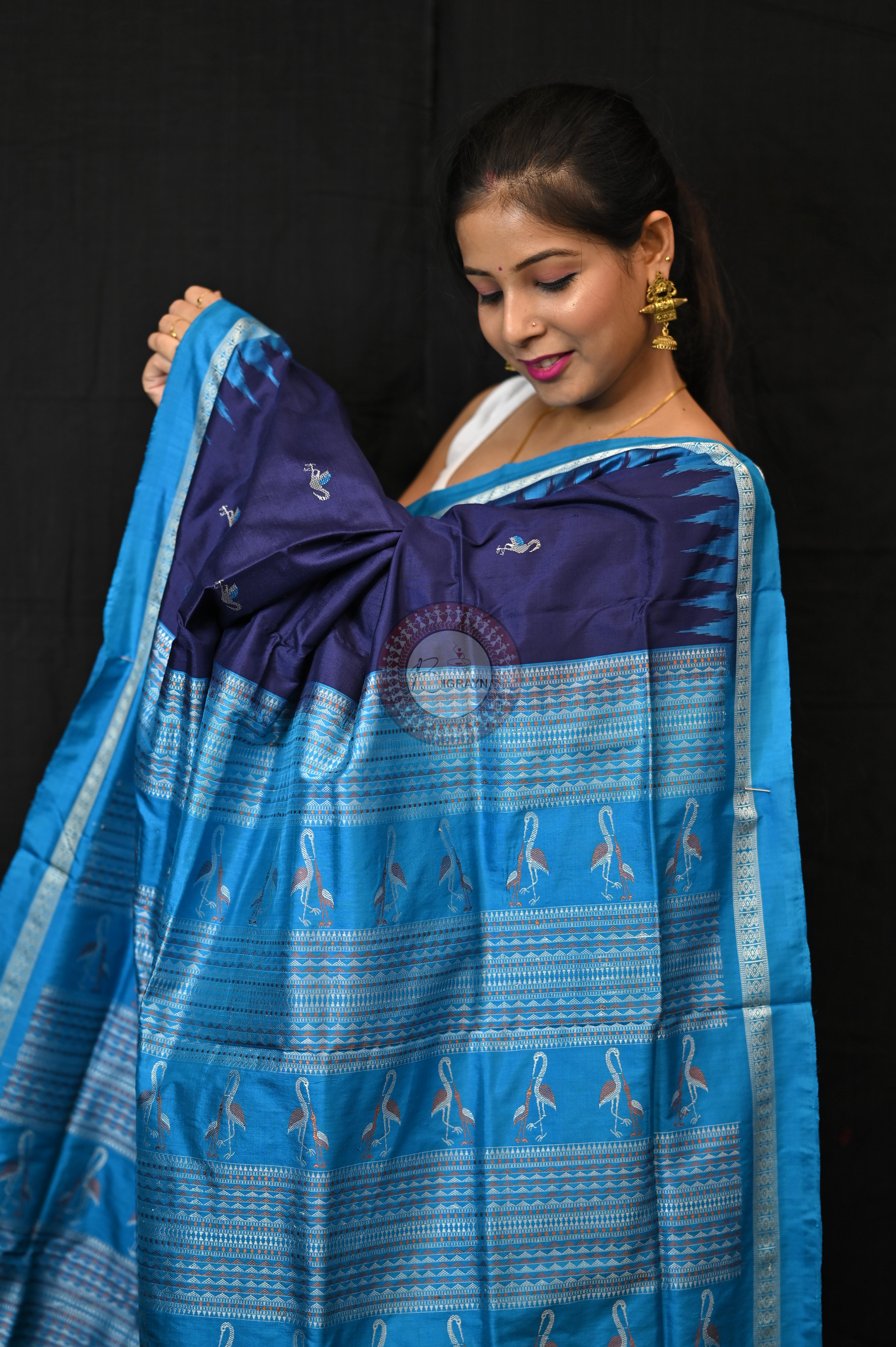 Navy Blue Copper Sulphate Birds Odisha Handloom Bomkai Silk Saree