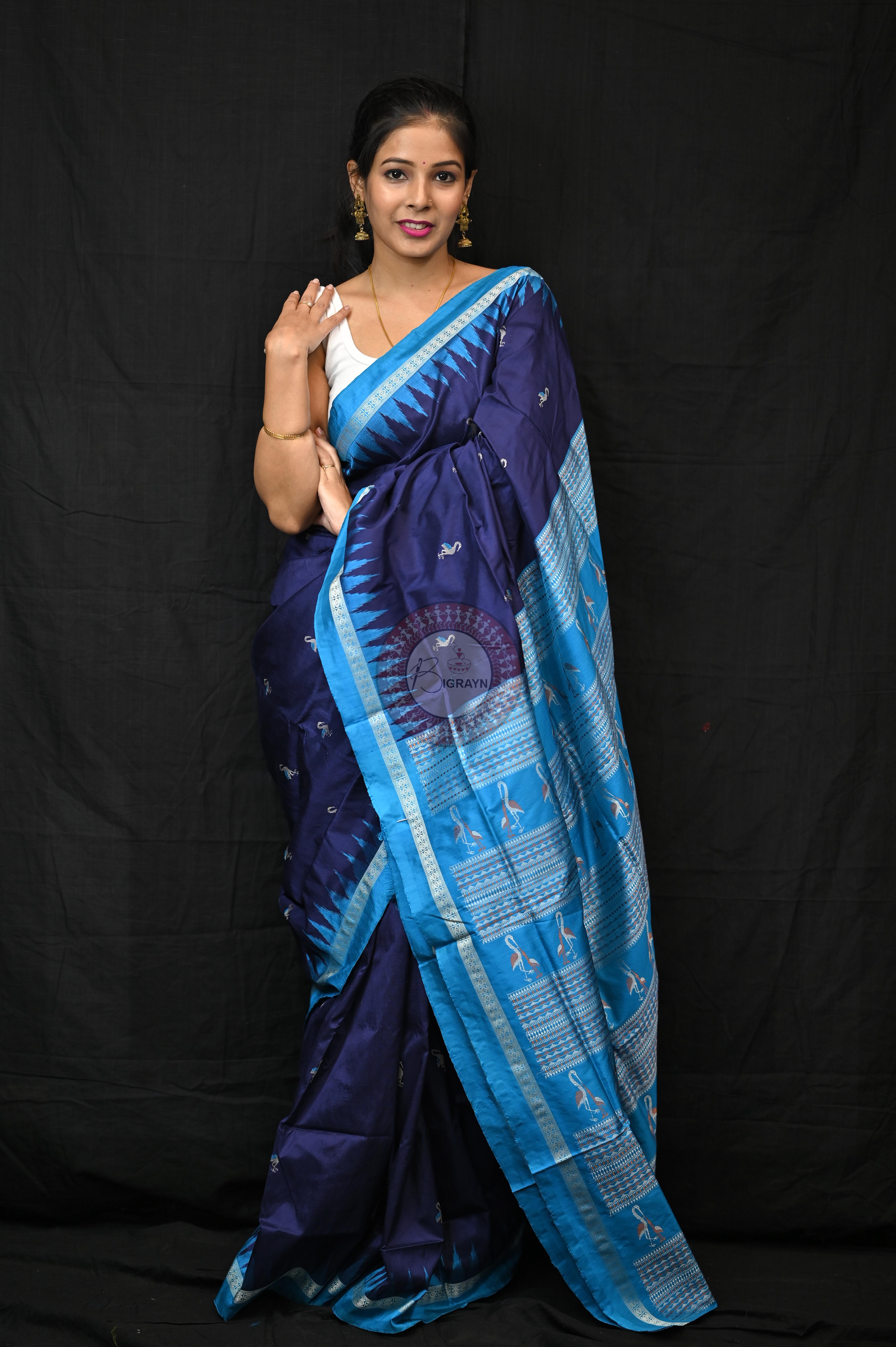Navy Blue Copper Sulphate Birds Odisha Handloom Bomkai Silk Saree