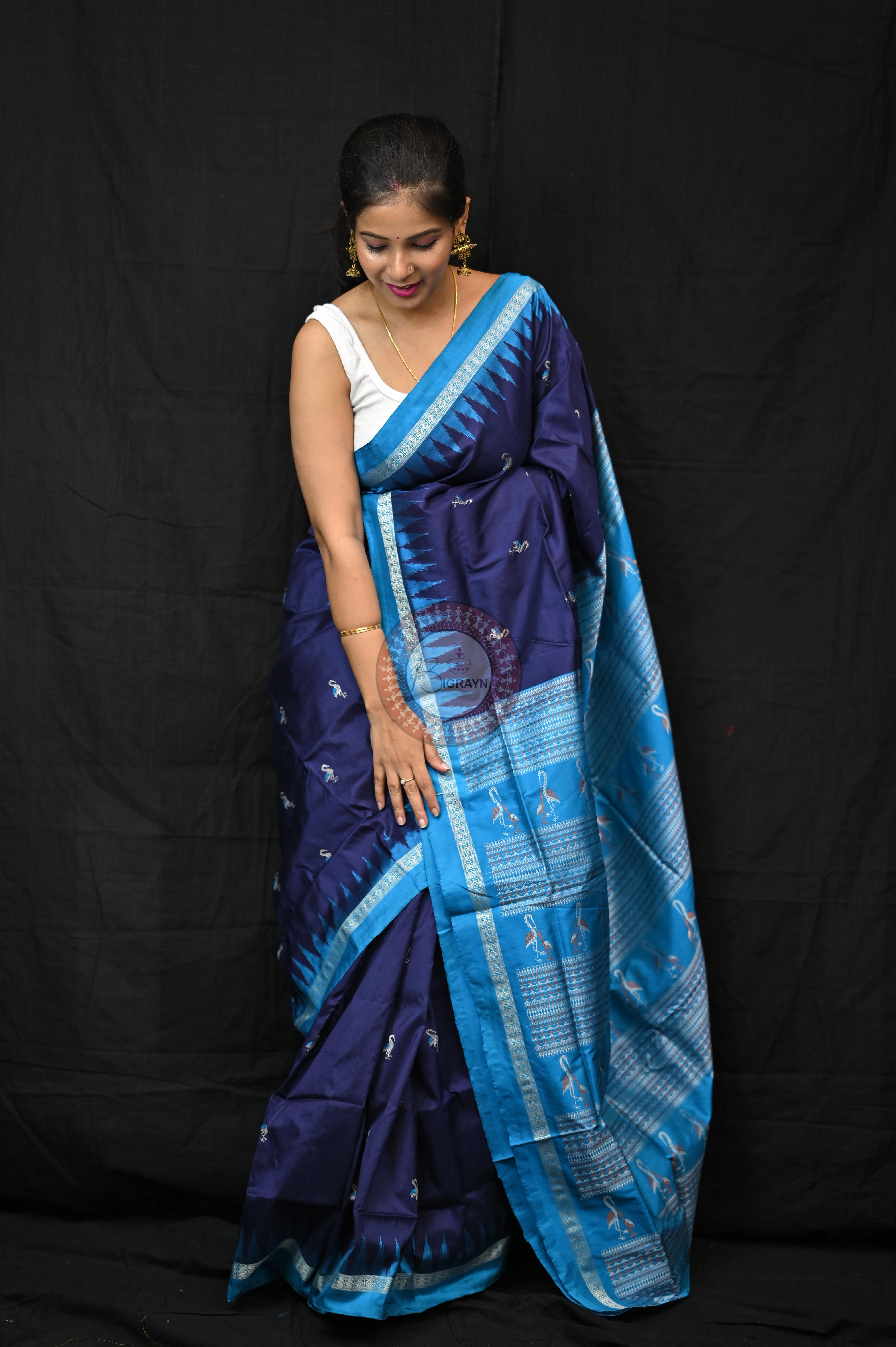 Navy Blue Copper Sulphate Birds Odisha Handloom Bomkai Silk Saree