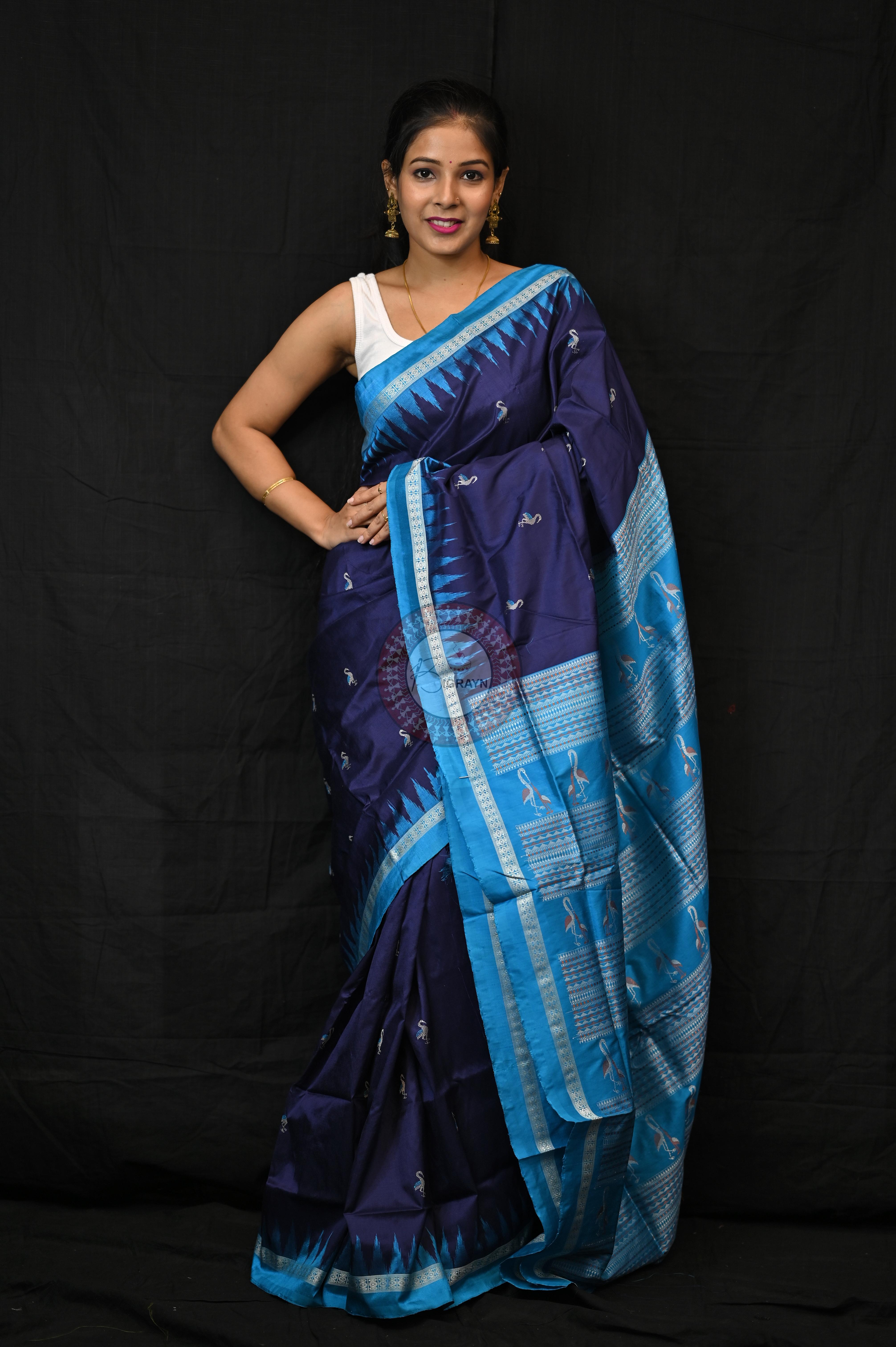 Navy Blue Copper Sulphate Birds Odisha Handloom Bomkai Silk Saree