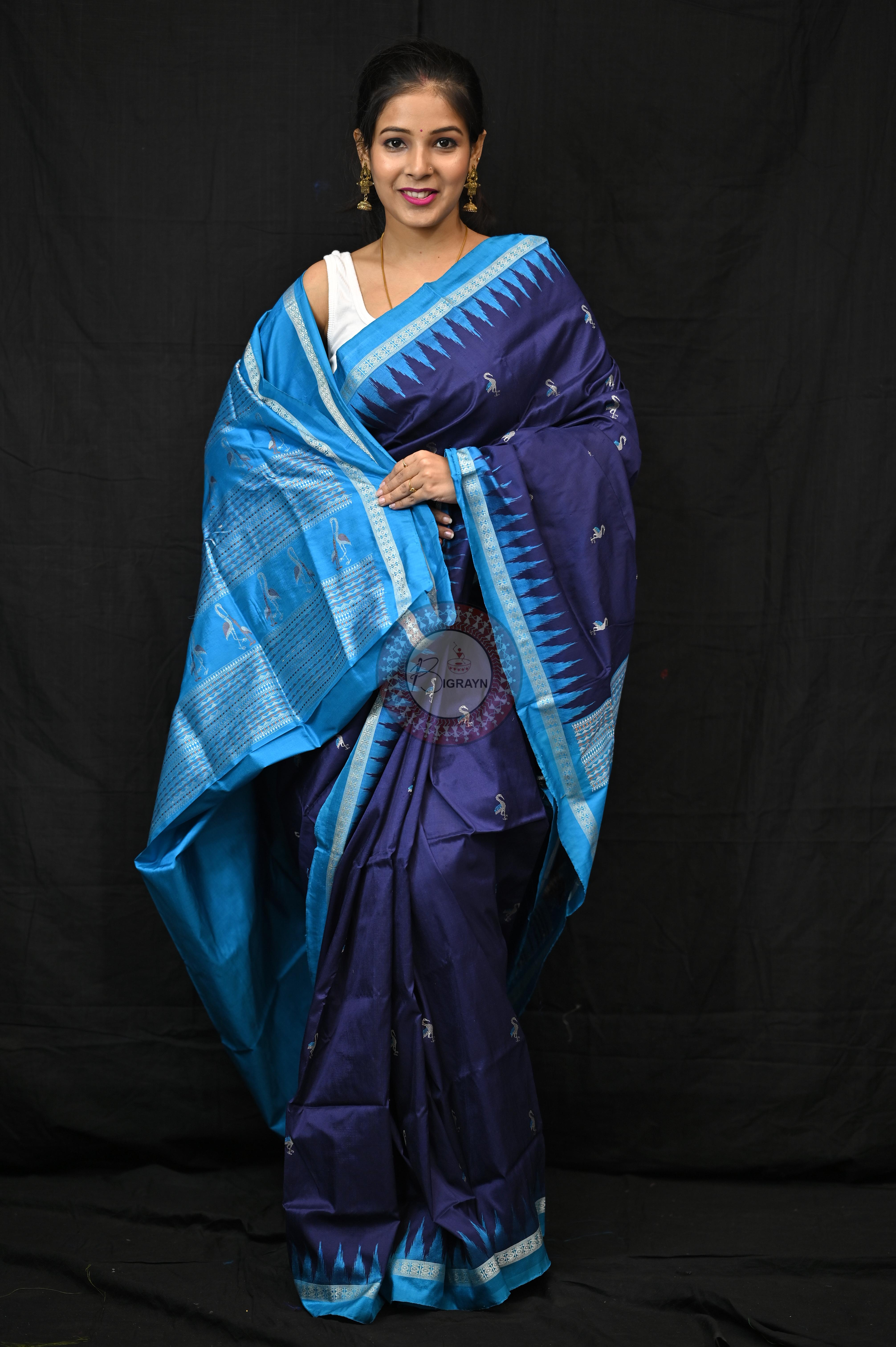 Navy Blue Copper Sulphate Birds Odisha Handloom Bomkai Silk Saree