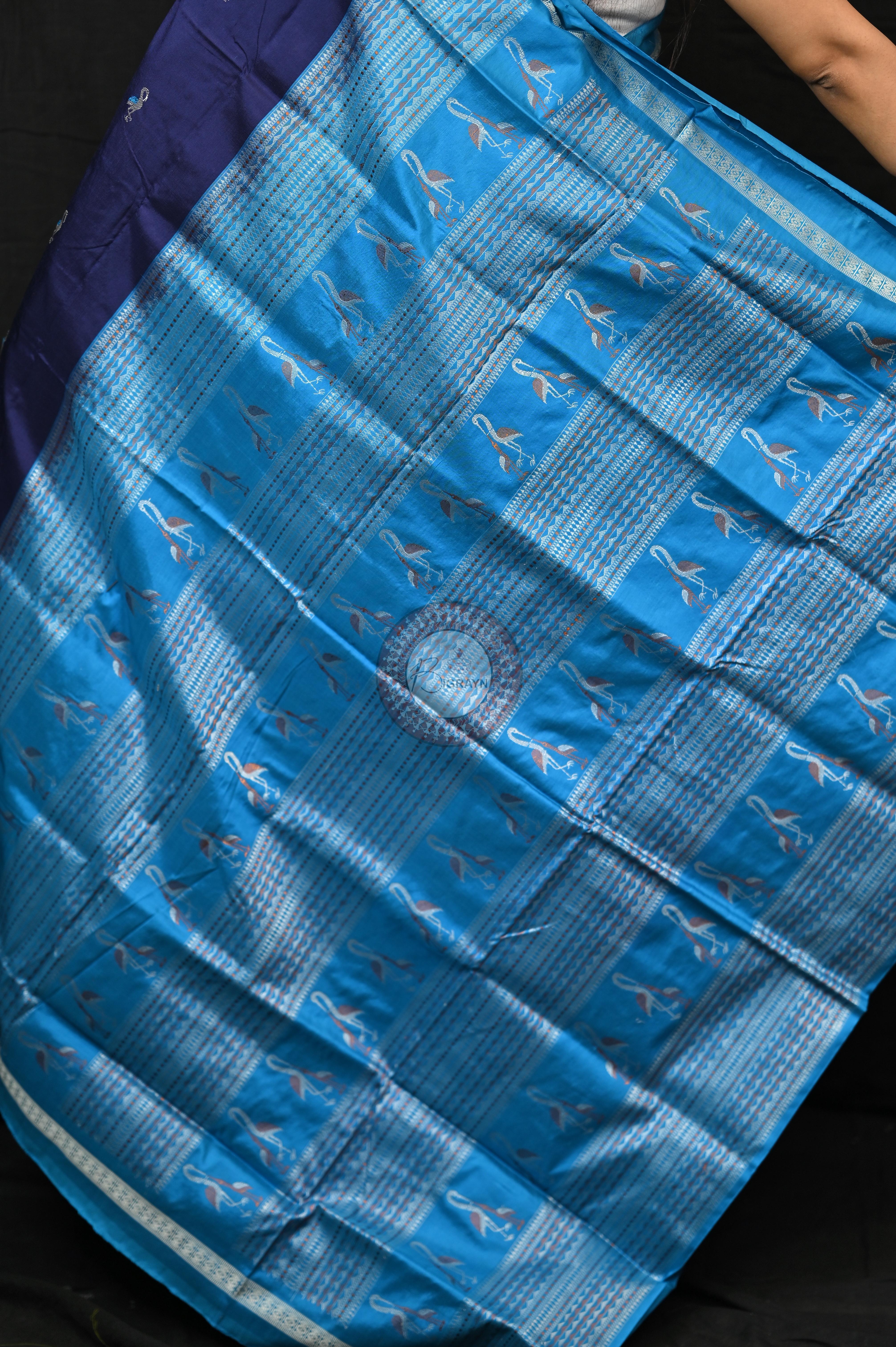 Navy Blue Copper Sulphate Birds Odisha Handloom Bomkai Silk Saree