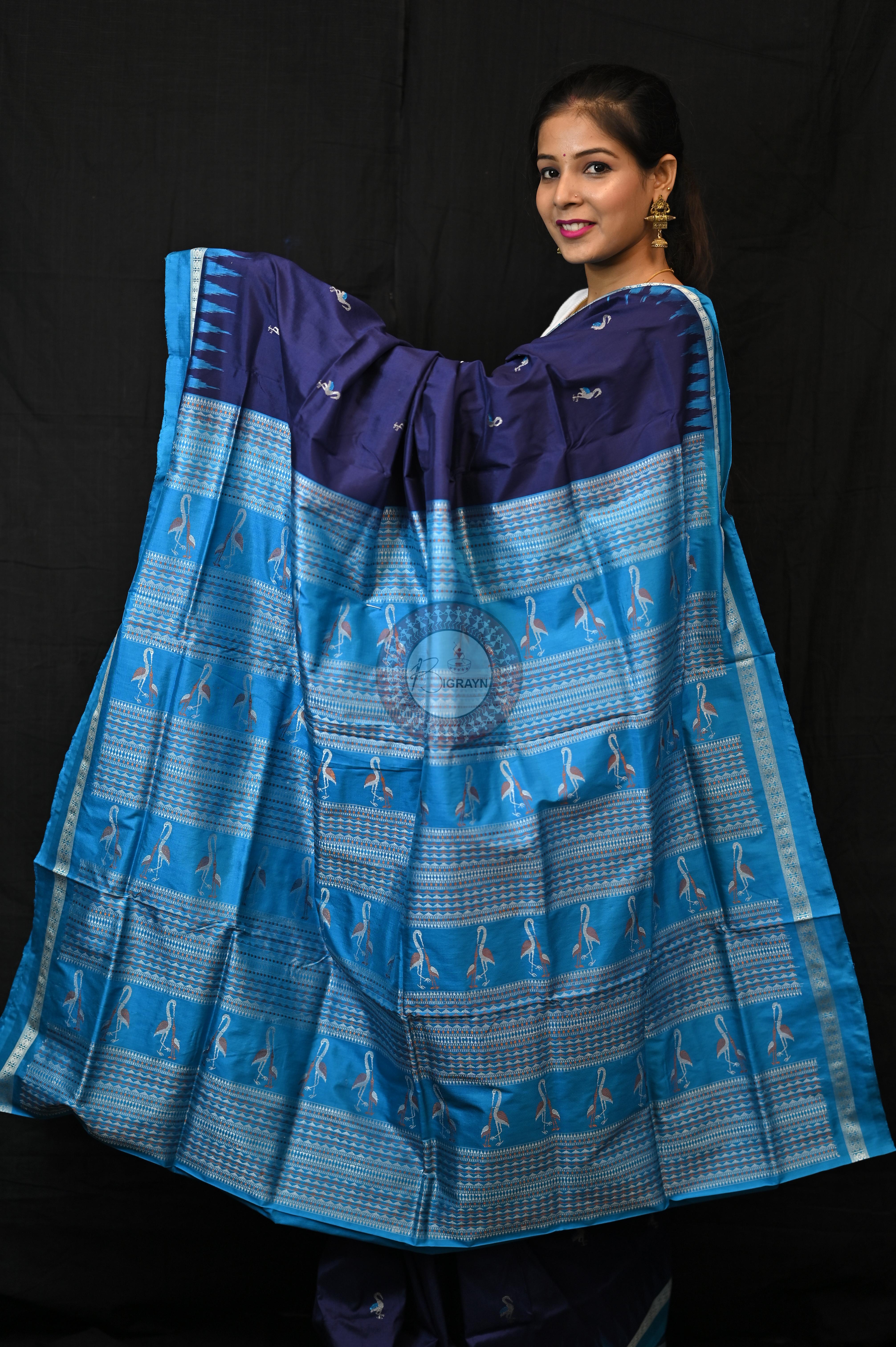 Navy Blue Copper Sulphate Birds Odisha Handloom Bomkai Silk Saree