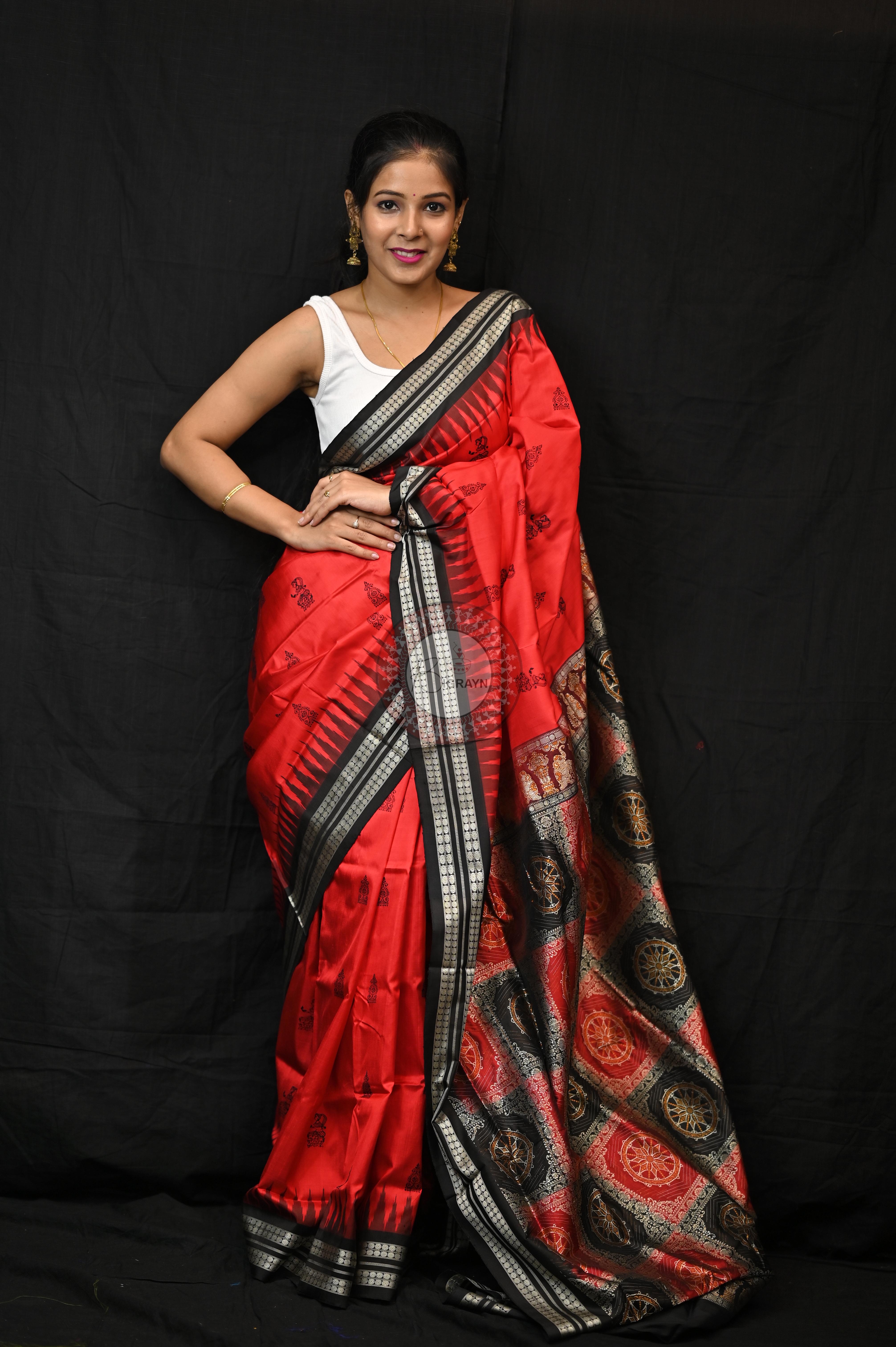 Red Black Tribal Deepa Bomkai Silk Saree