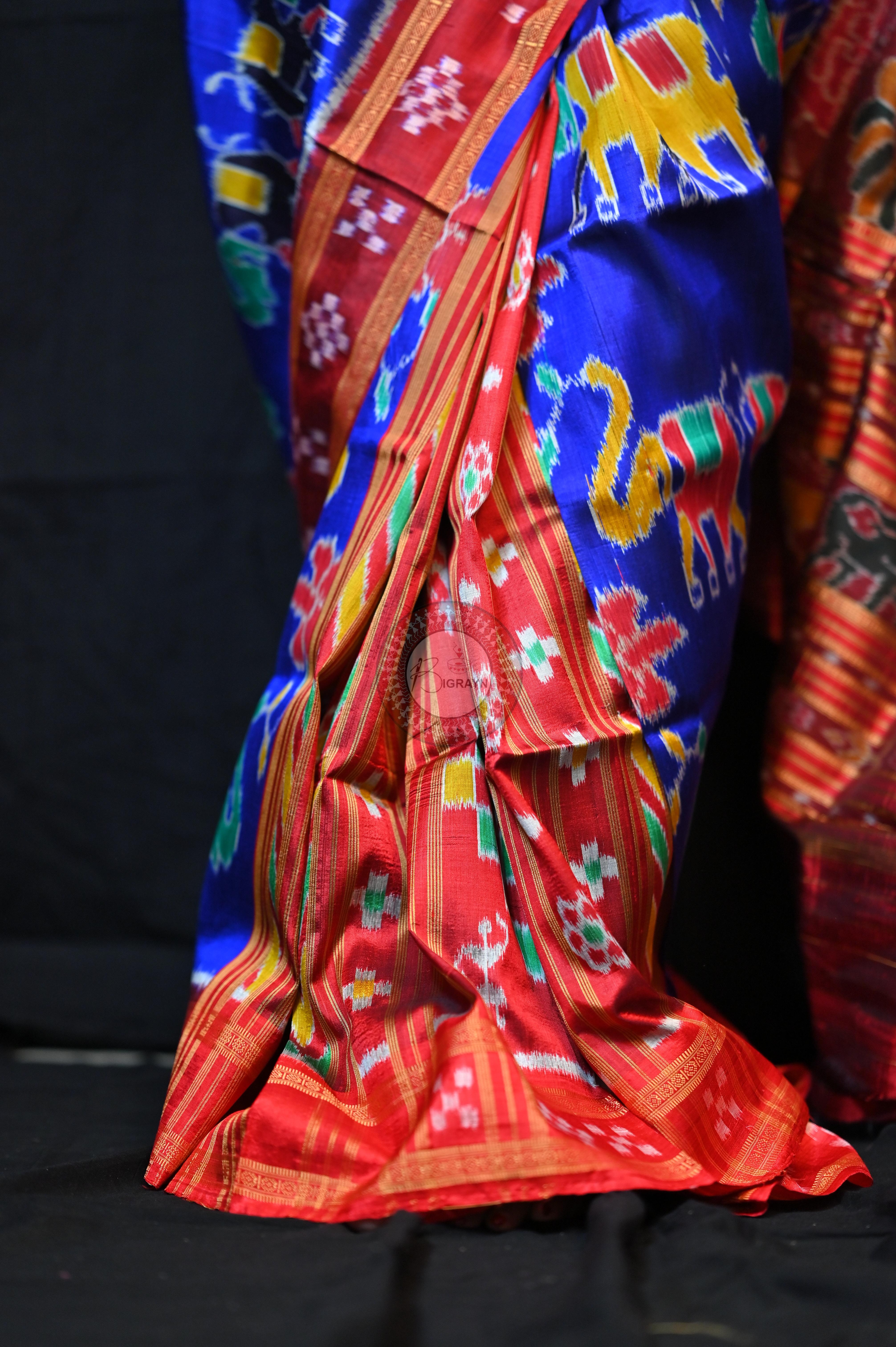 Blue Red Elephant lotus Khandua Silk Saree