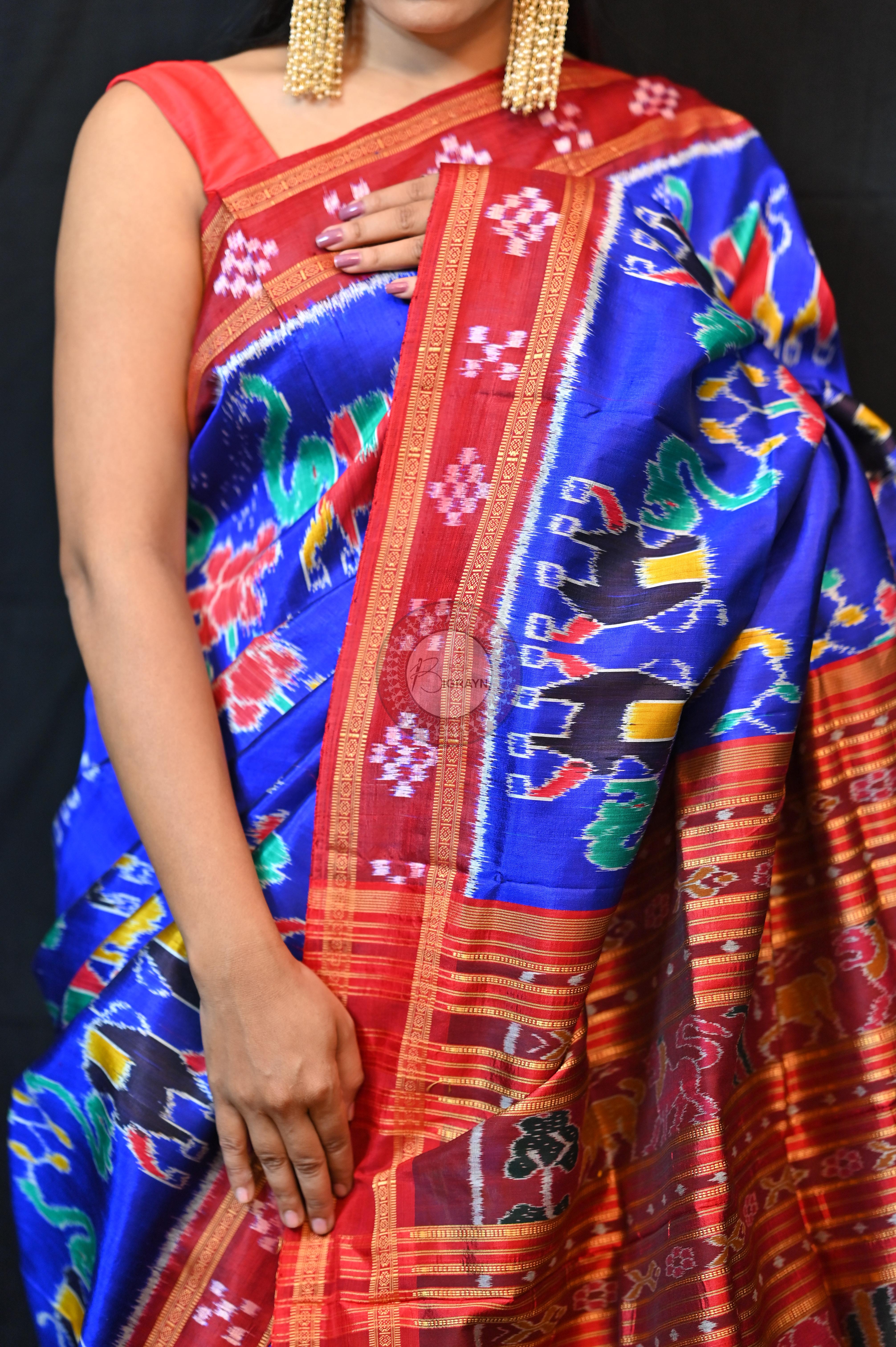 Blue Red Elephant lotus Khandua Silk Saree