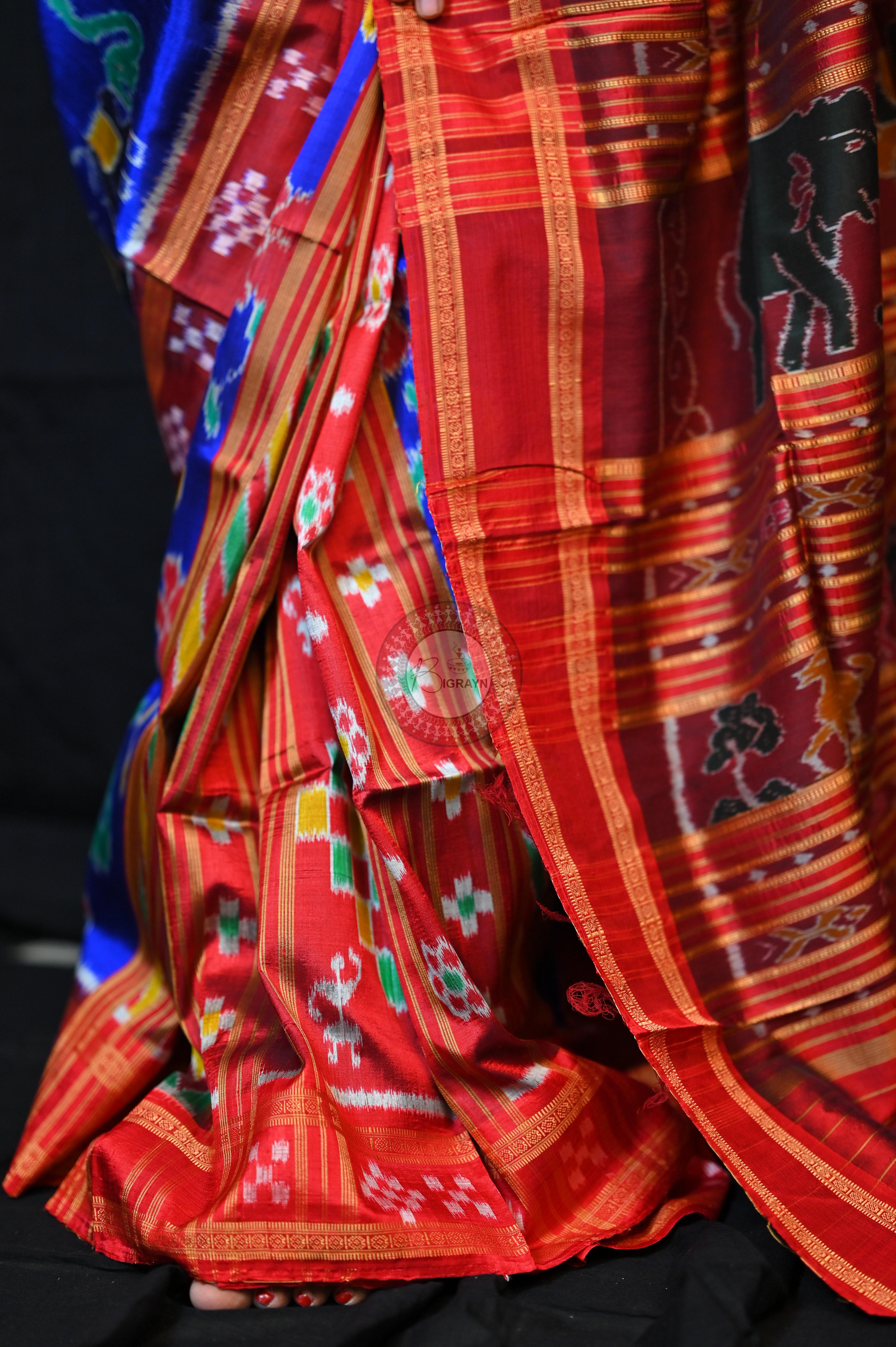 Blue Red Elephant lotus Khandua Silk Saree