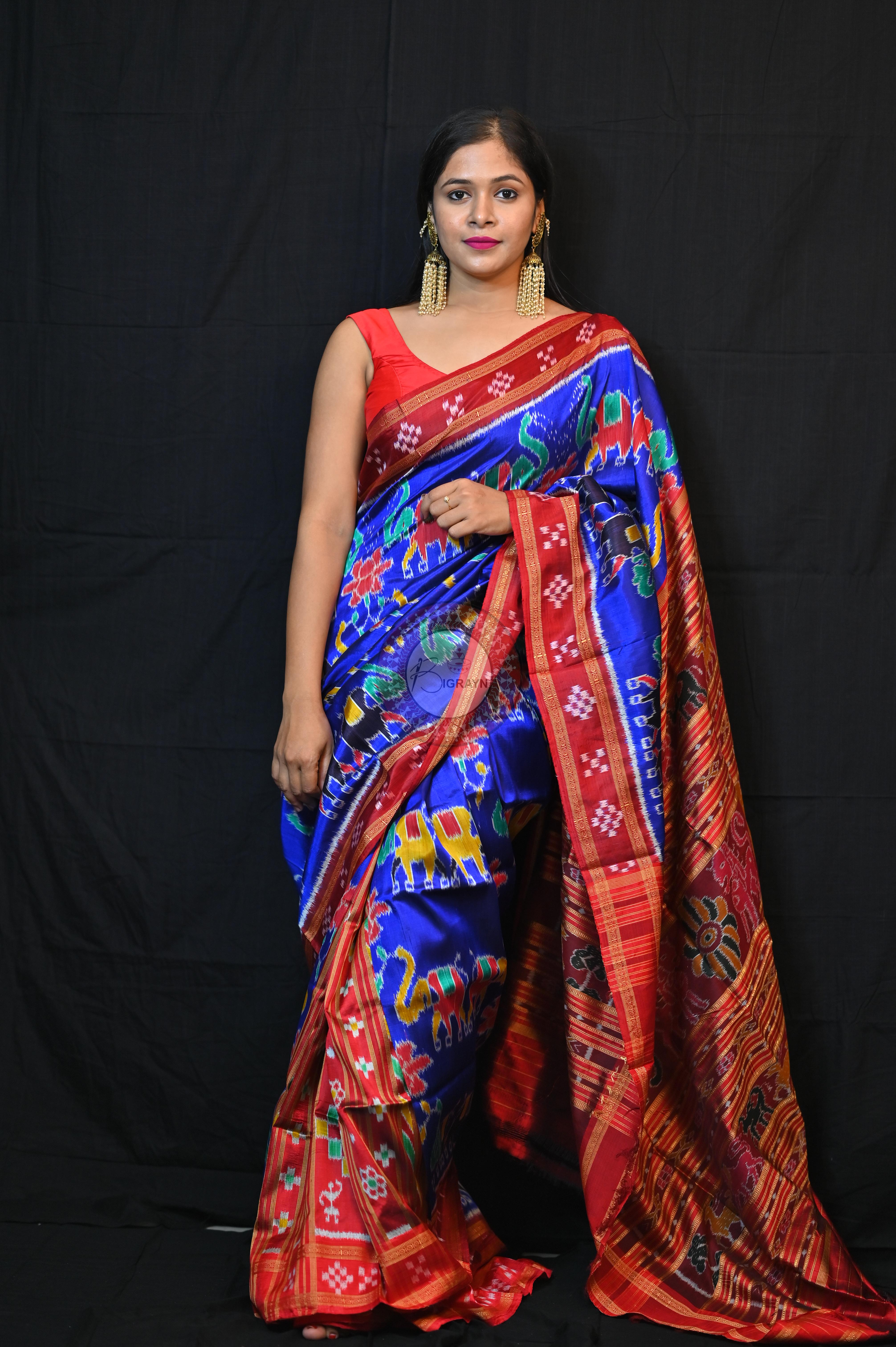Blue Red Elephant lotus Khandua Silk Saree