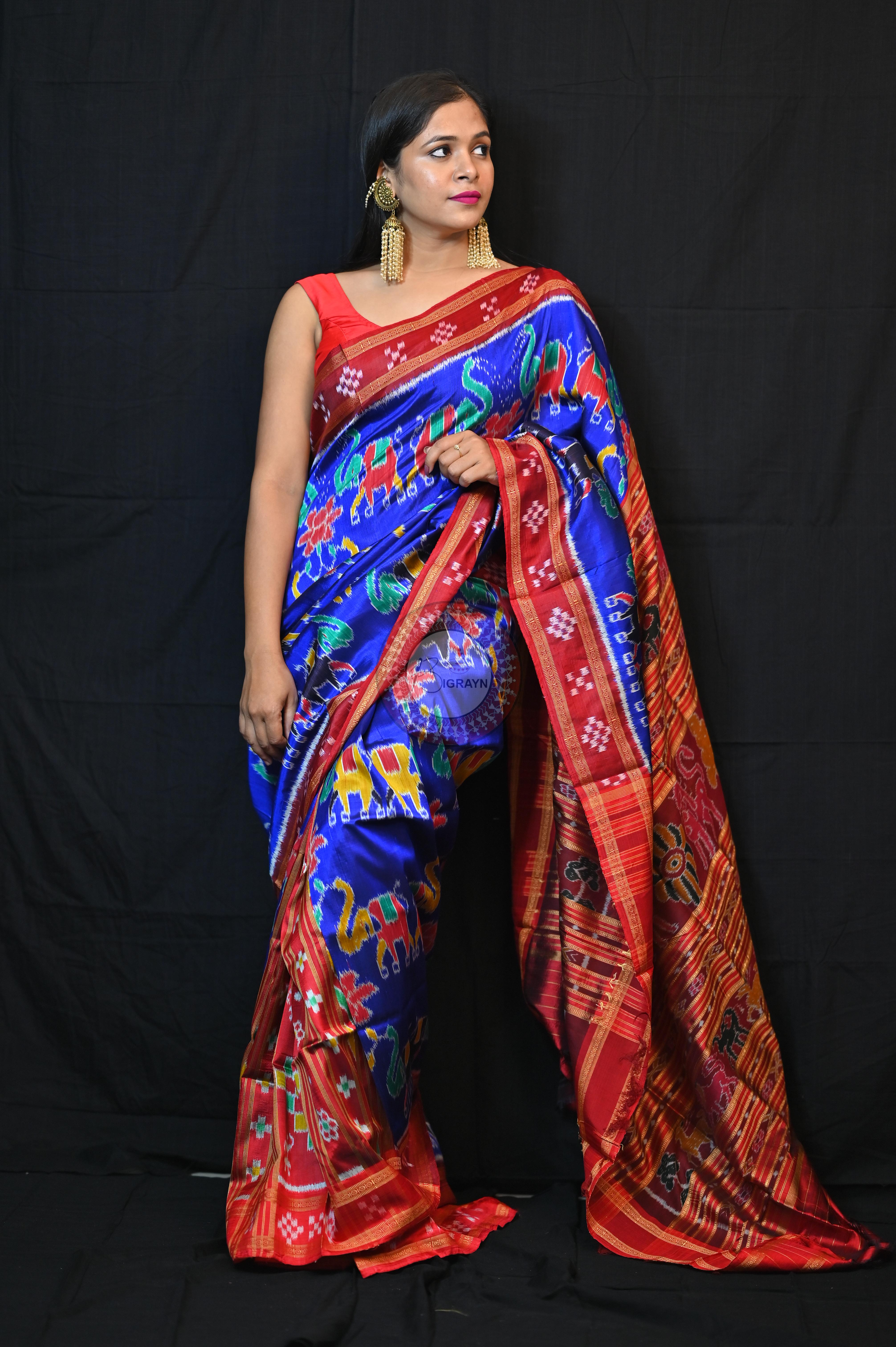 Blue Red Elephant lotus Khandua Silk Saree