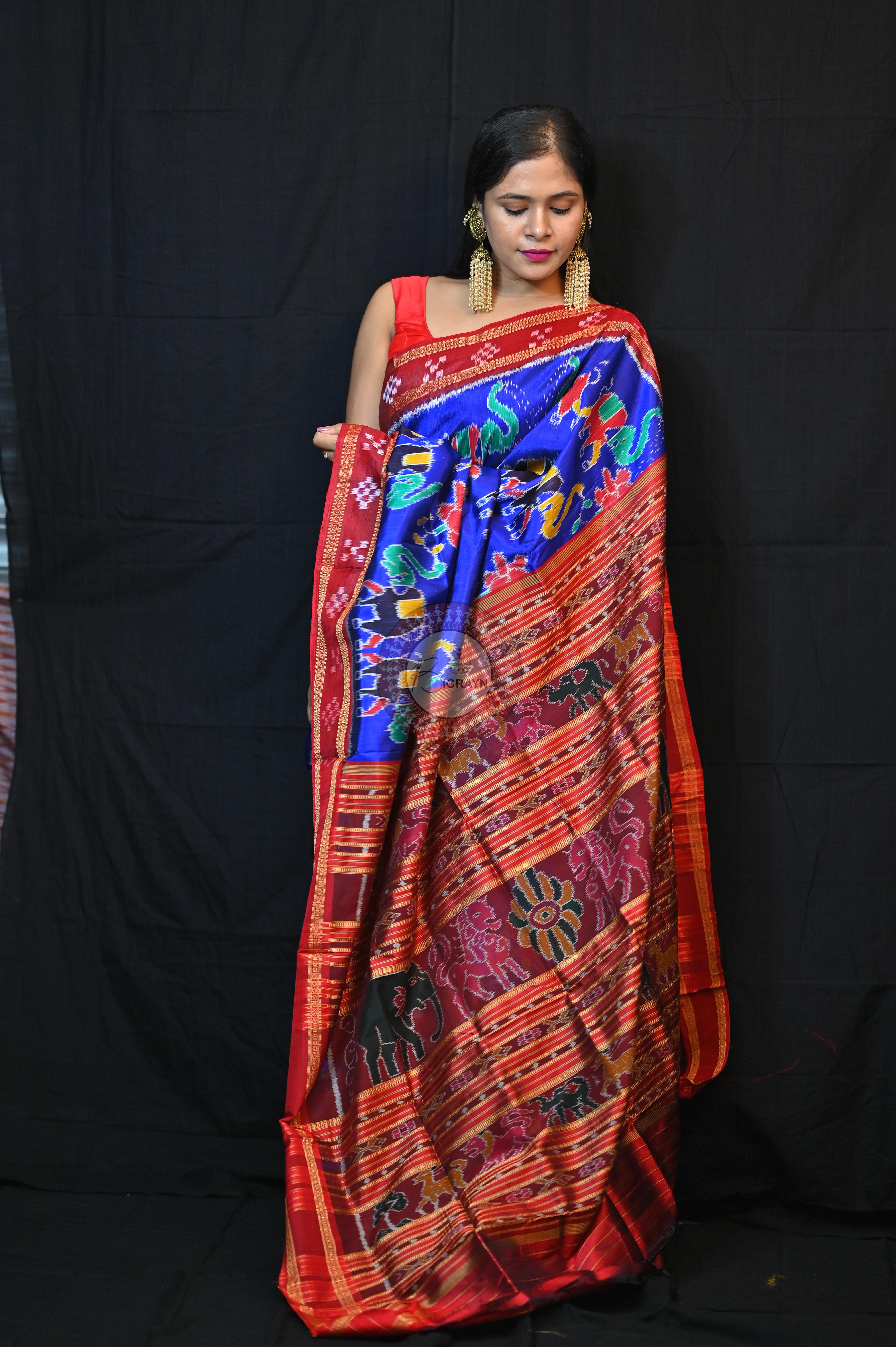Blue Red Elephant lotus Khandua Silk Saree
