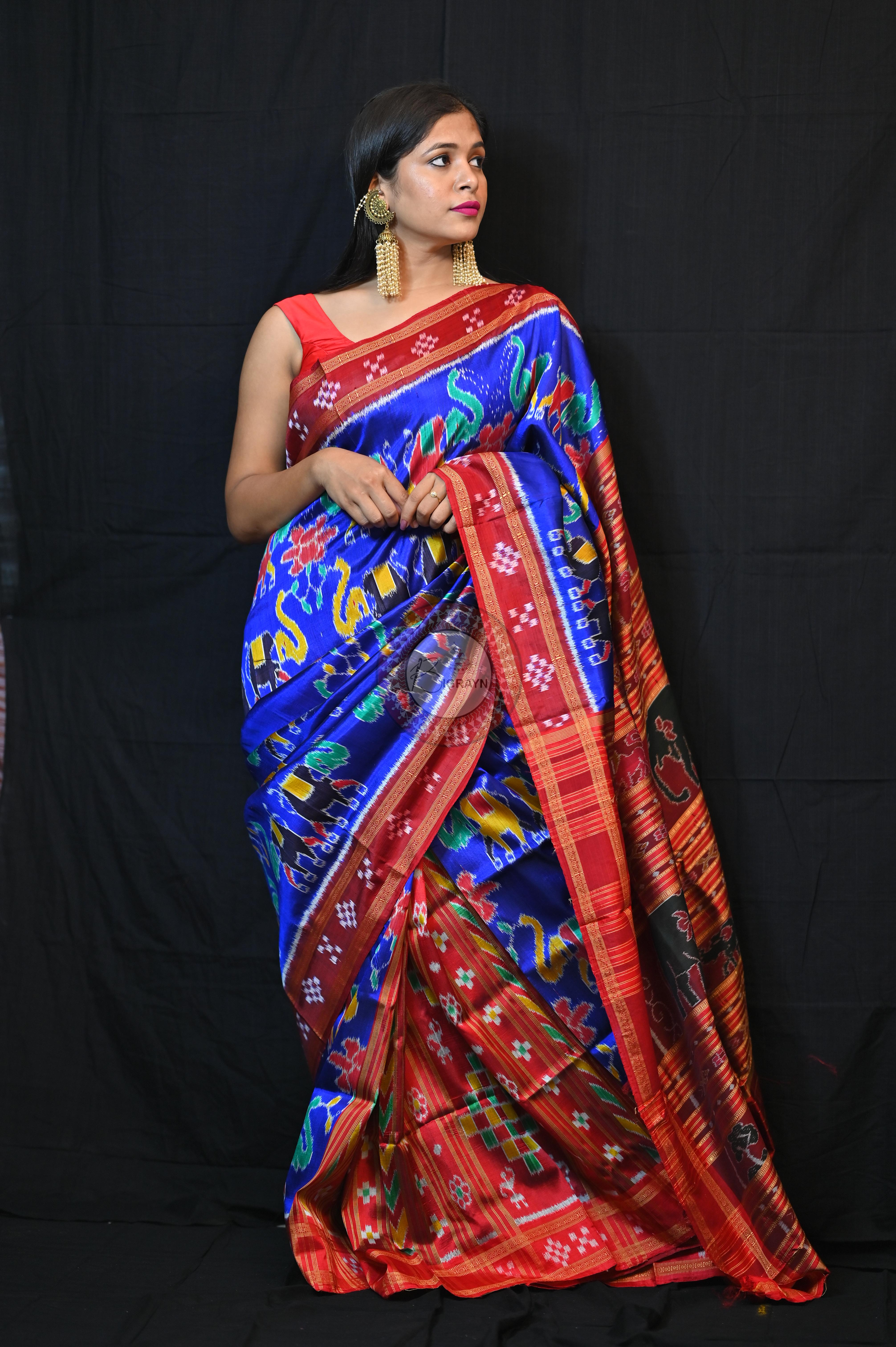 Blue Red Elephant lotus Khandua Silk Saree