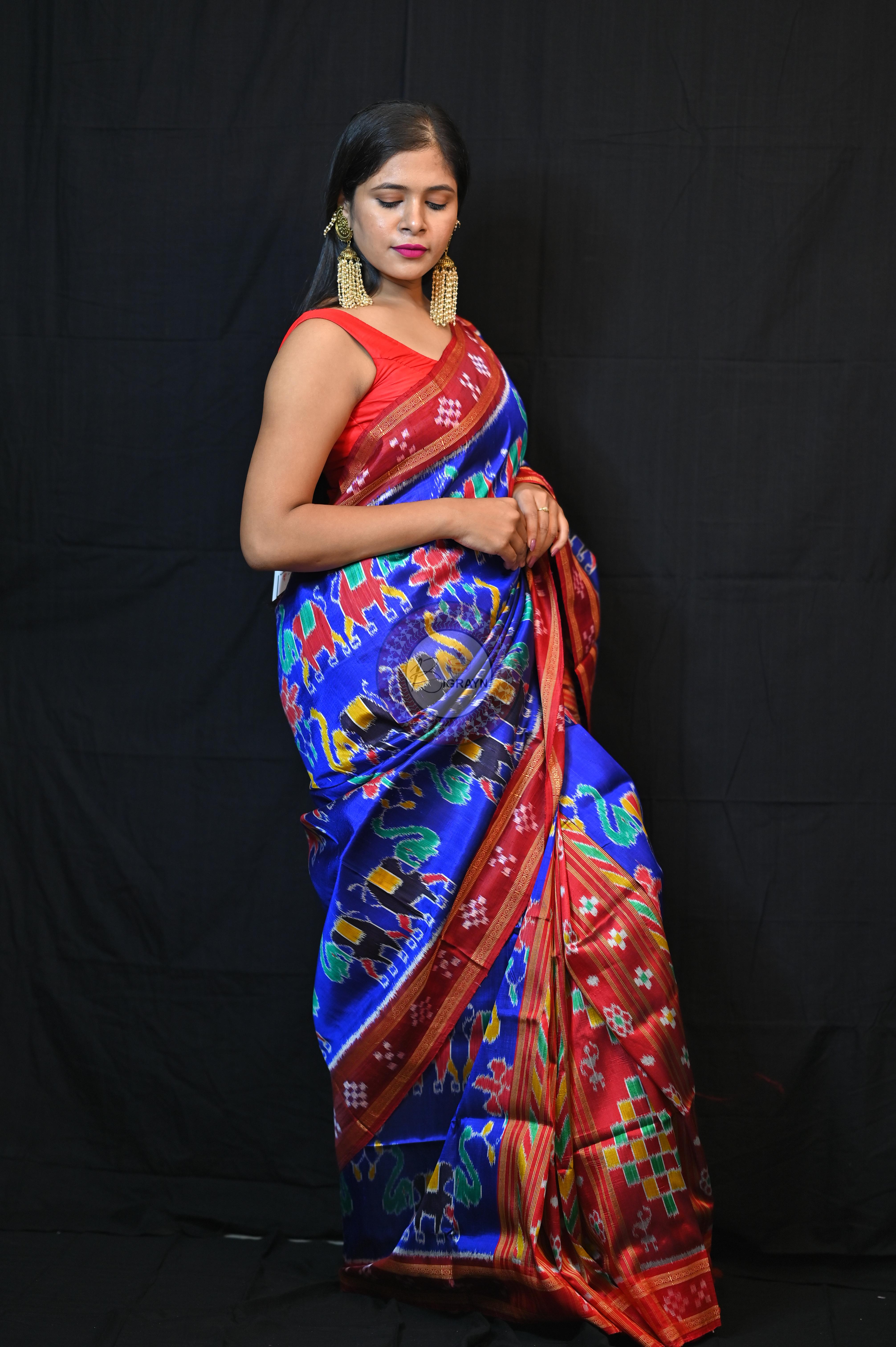 Blue Red Elephant lotus Khandua Silk Saree