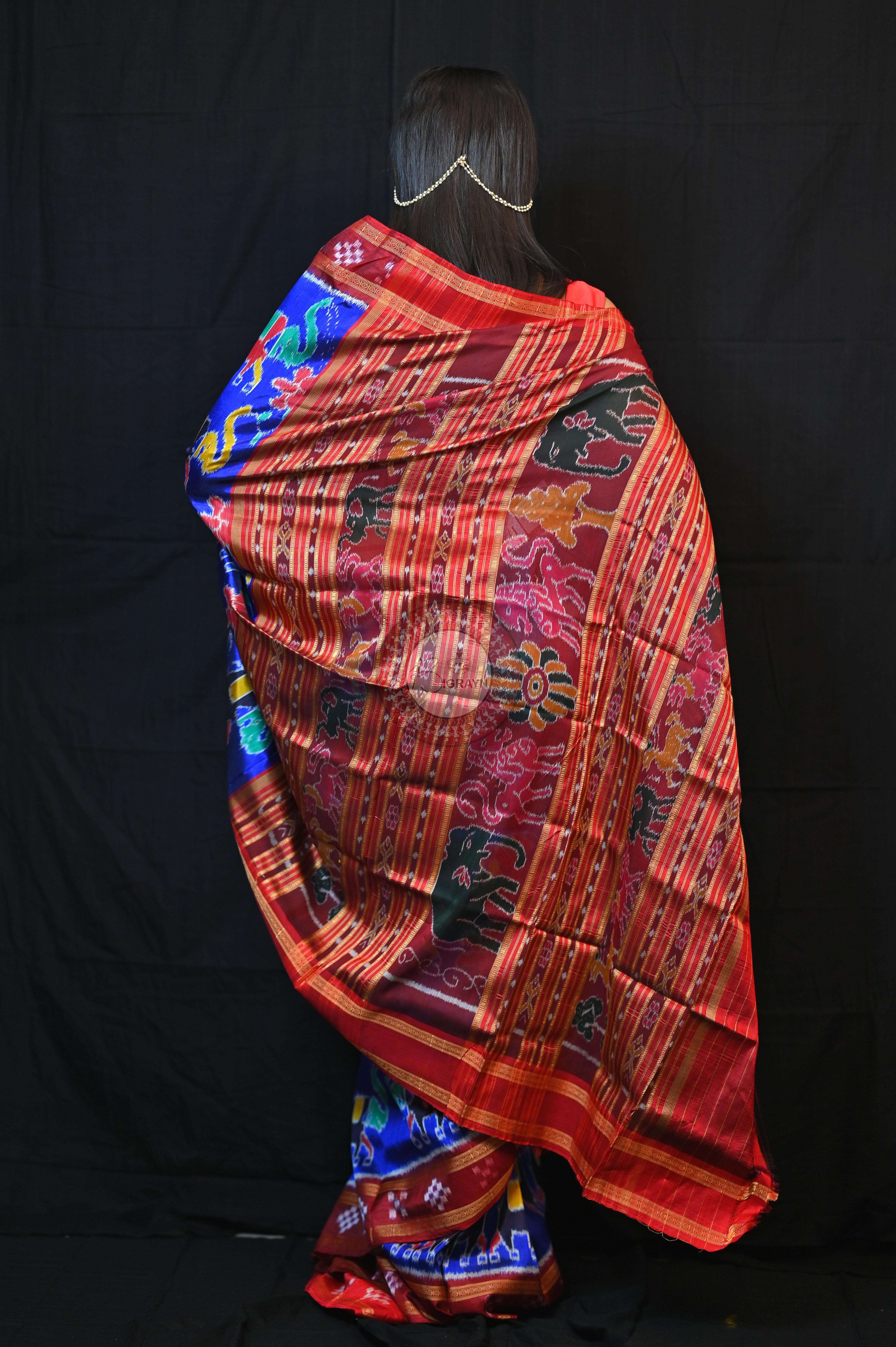 Blue Red Elephant lotus Khandua Silk Saree