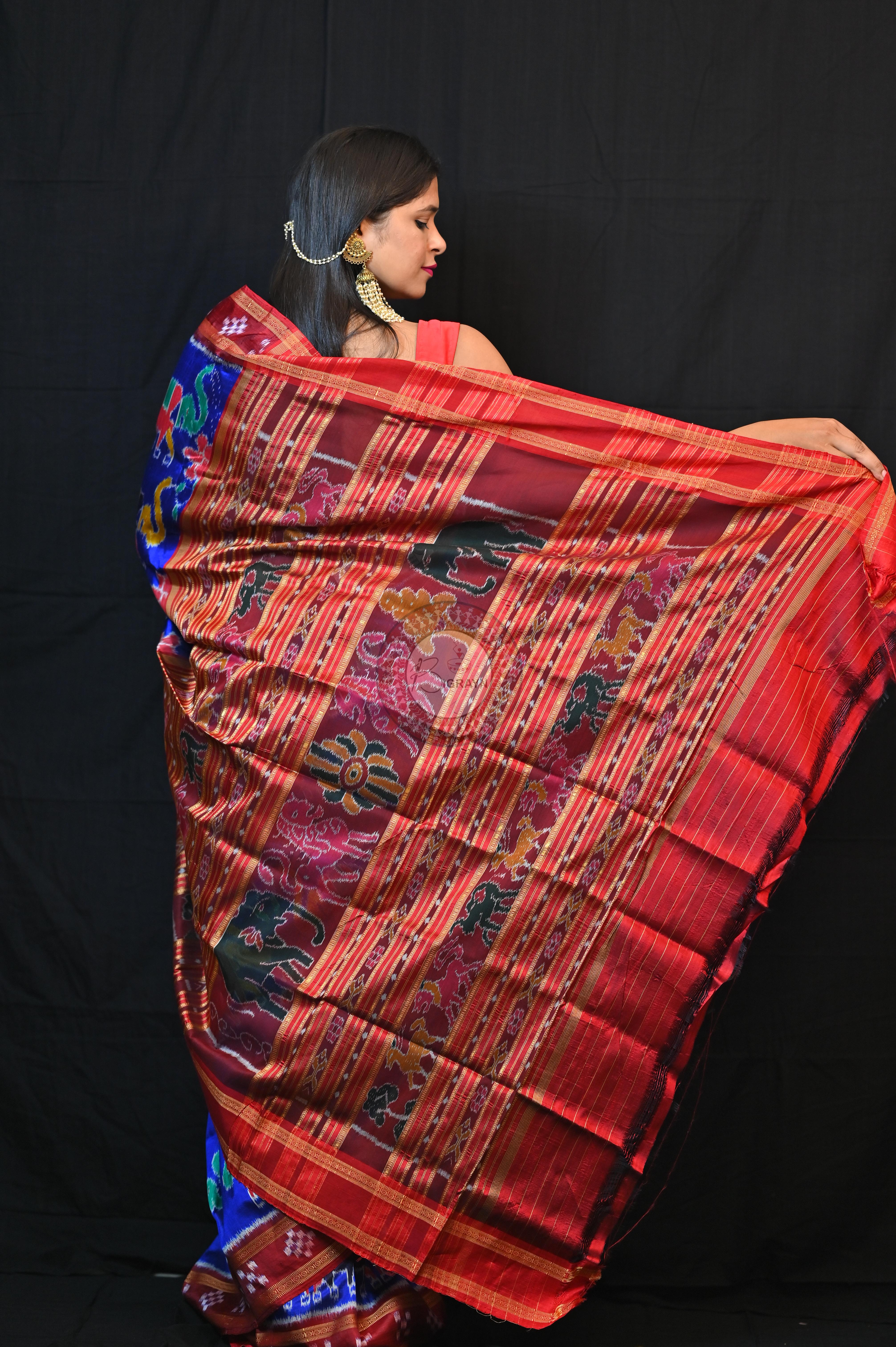 Blue Red Elephant lotus Khandua Silk Saree