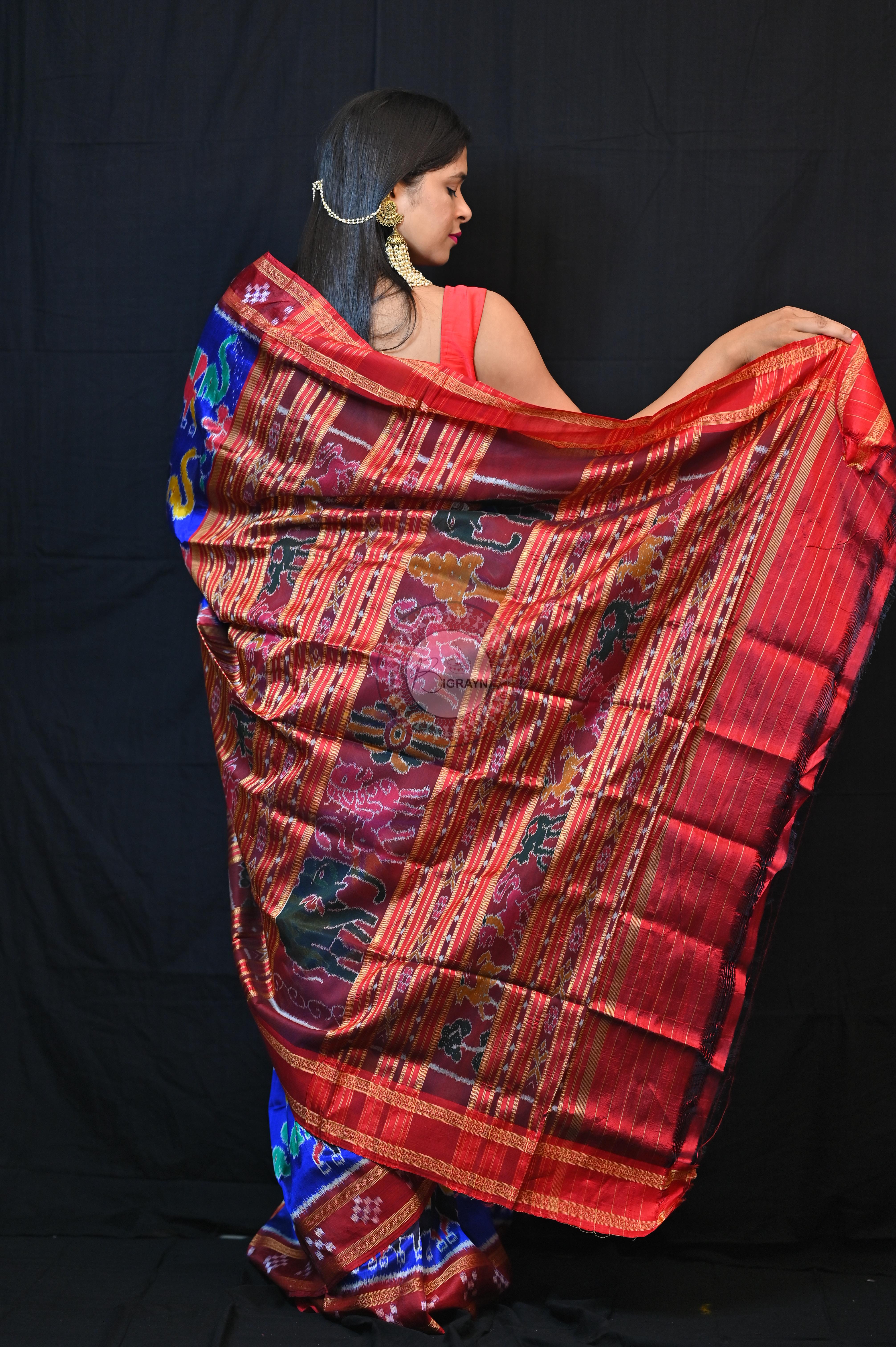 Blue Red Elephant lotus Khandua Silk Saree