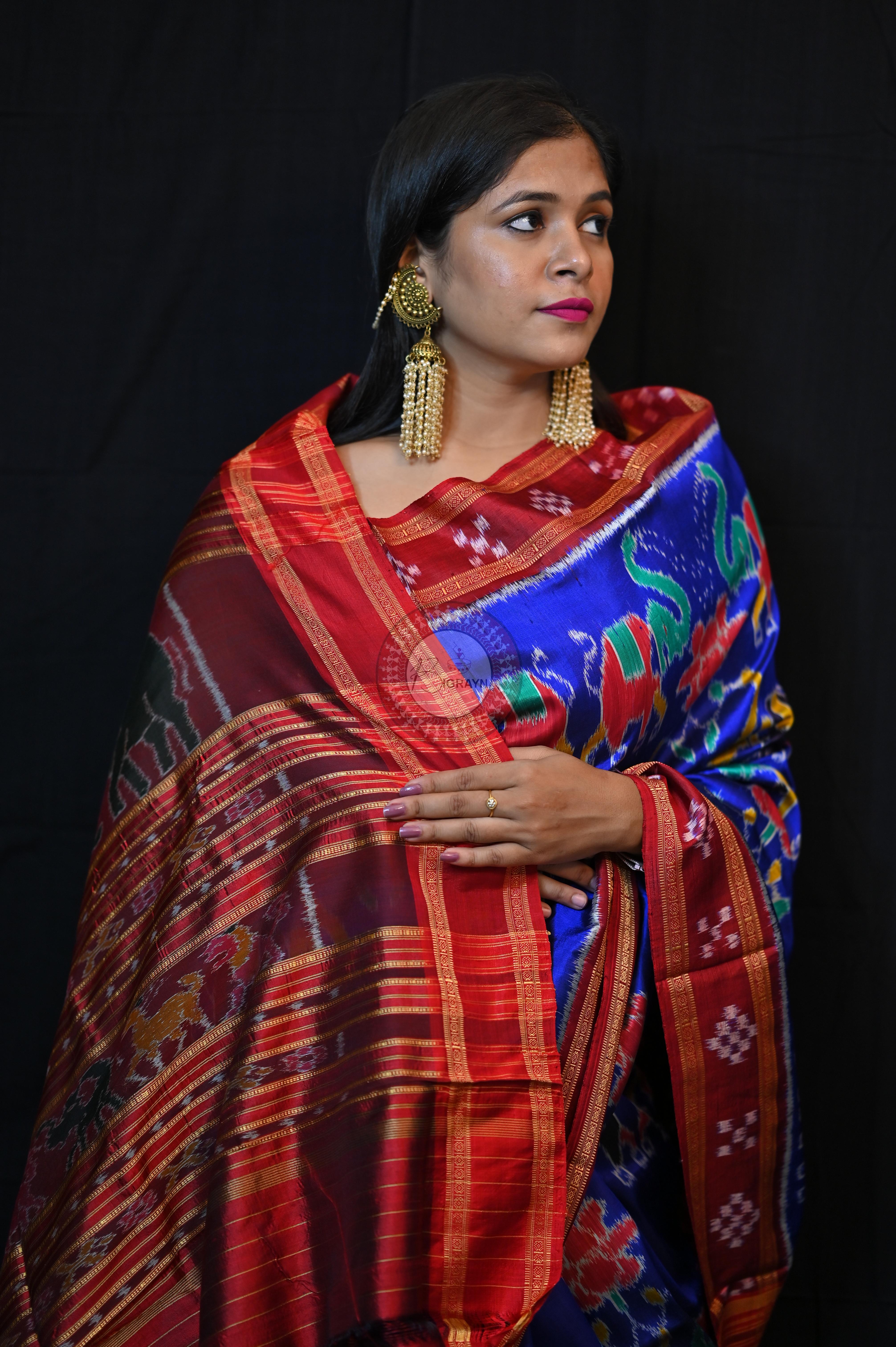 Blue Red Elephant lotus Khandua Silk Saree