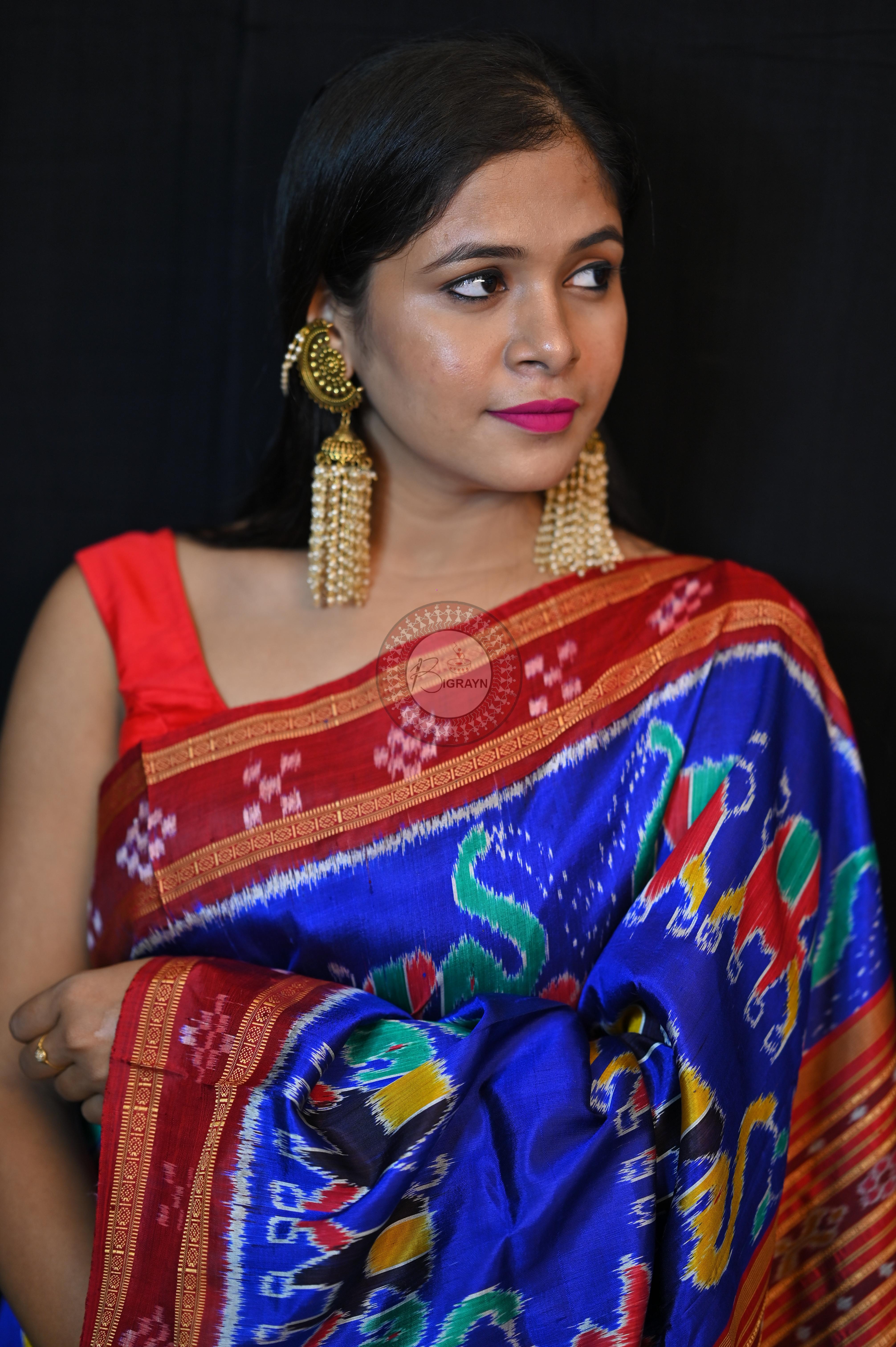 Blue Red Elephant lotus Khandua Silk Saree