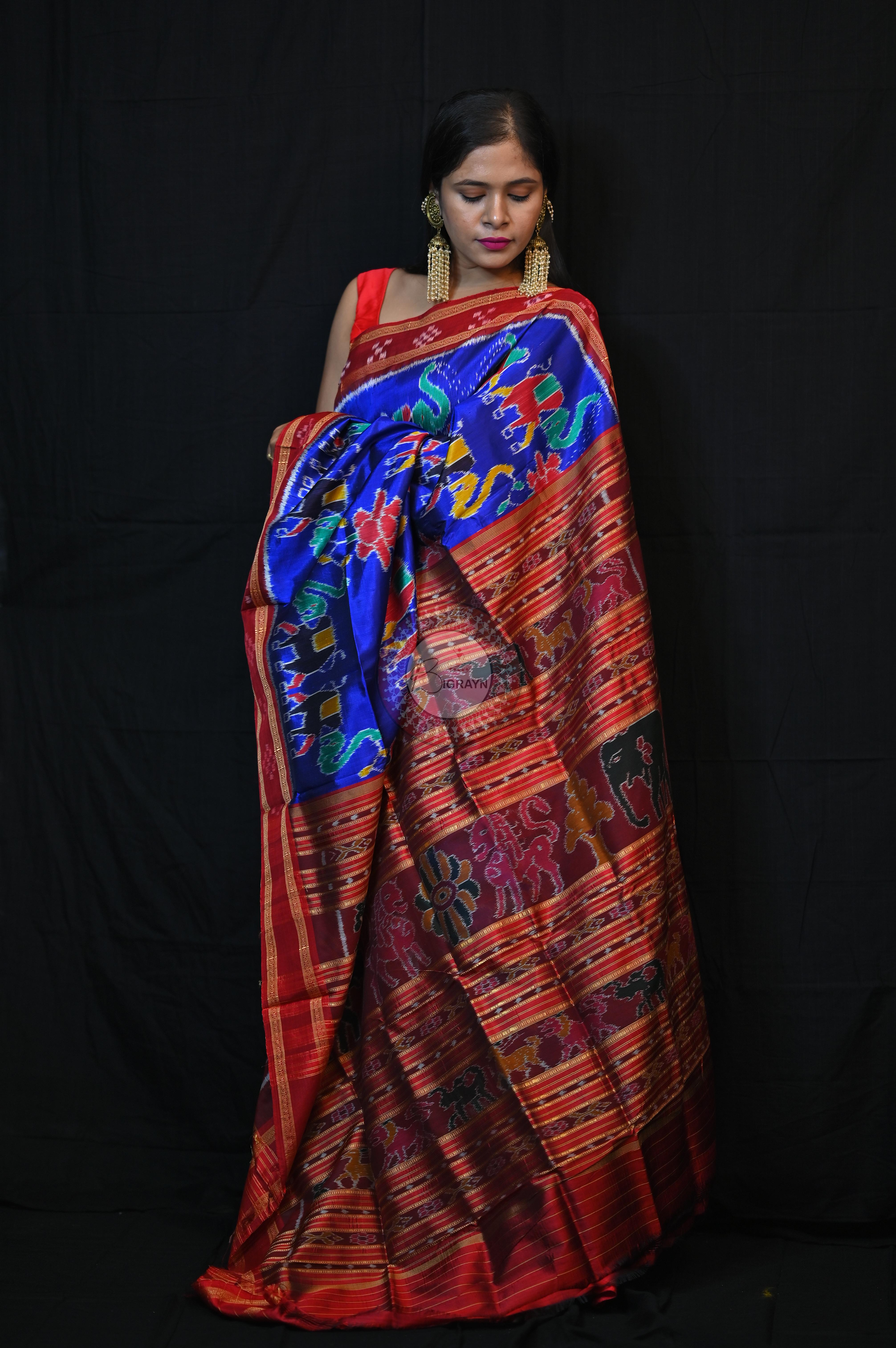 Blue Red Elephant lotus Khandua Silk Saree