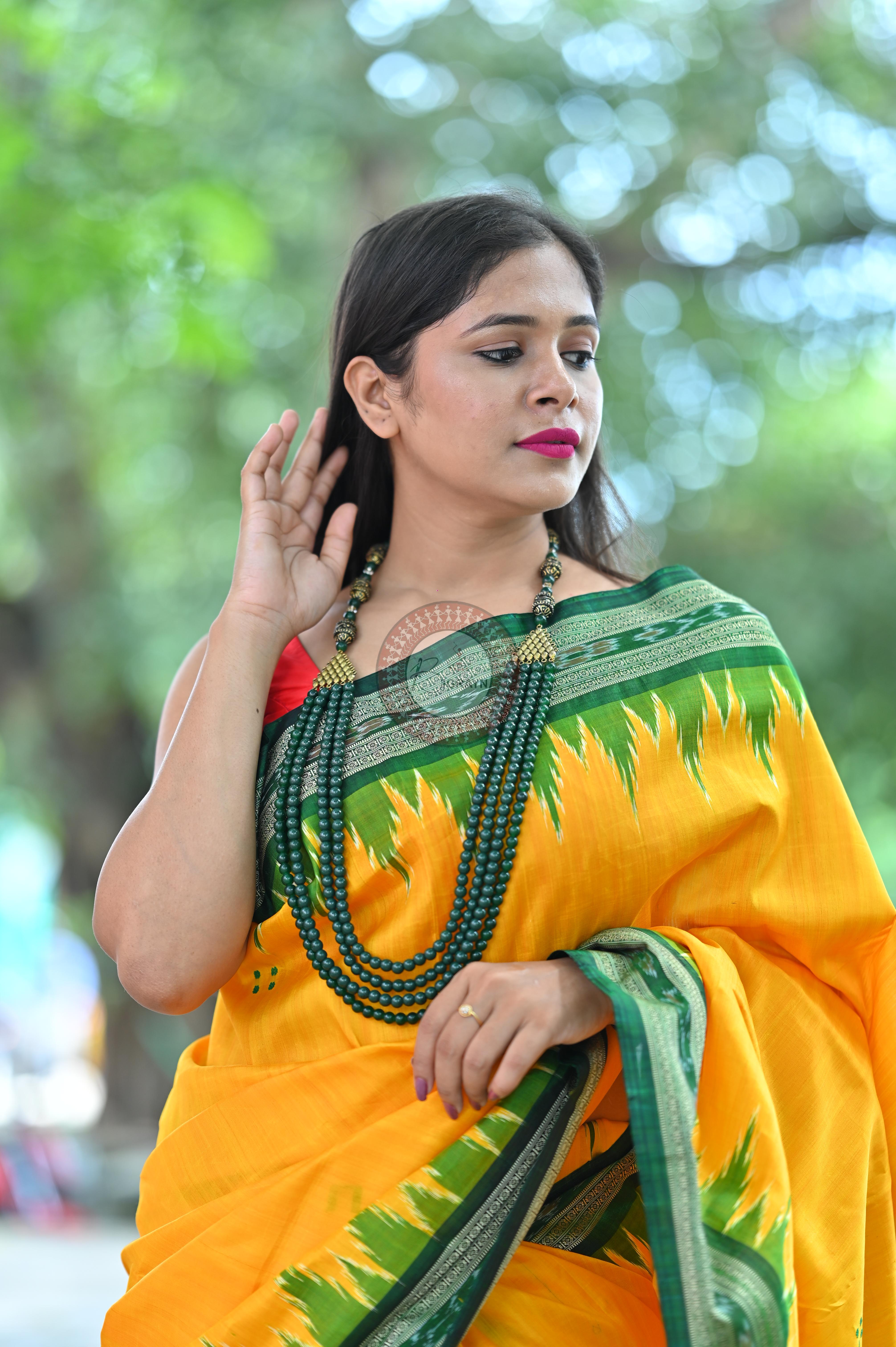 Yellow Green Temples Khandua Silk Saree