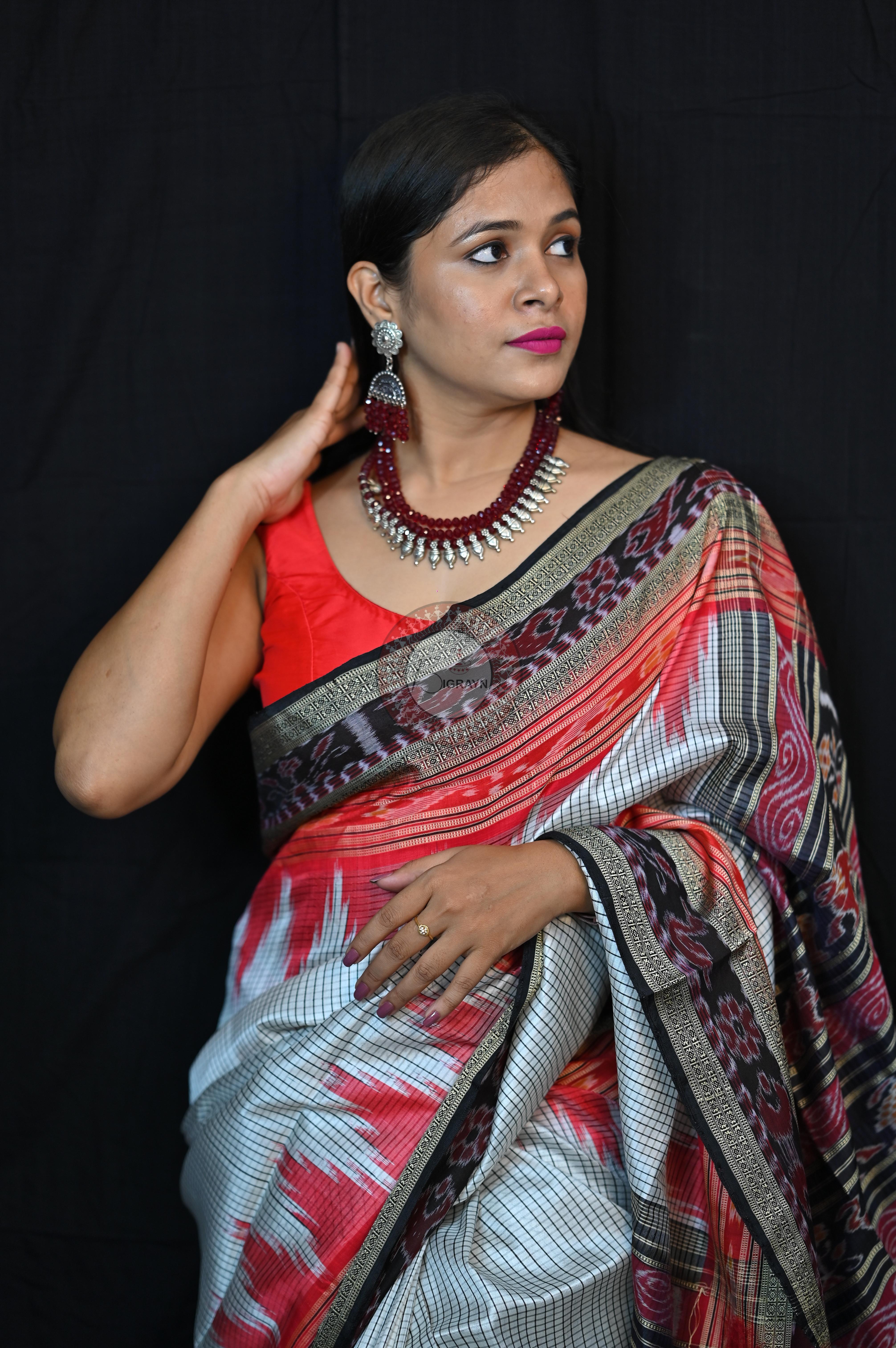 White Red BlackSachipar Khandua Silk Saree