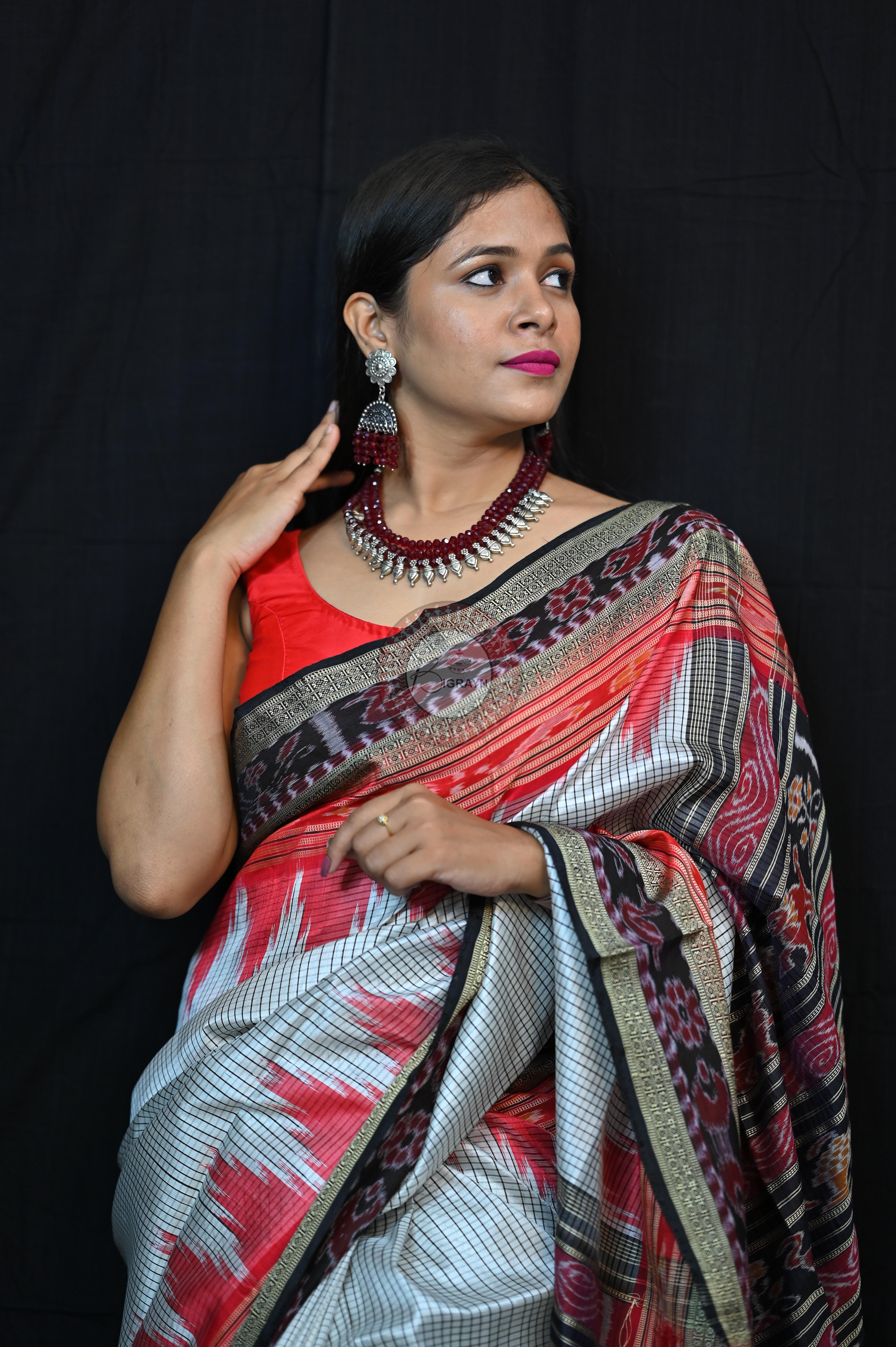 White Red BlackSachipar Khandua Silk Saree