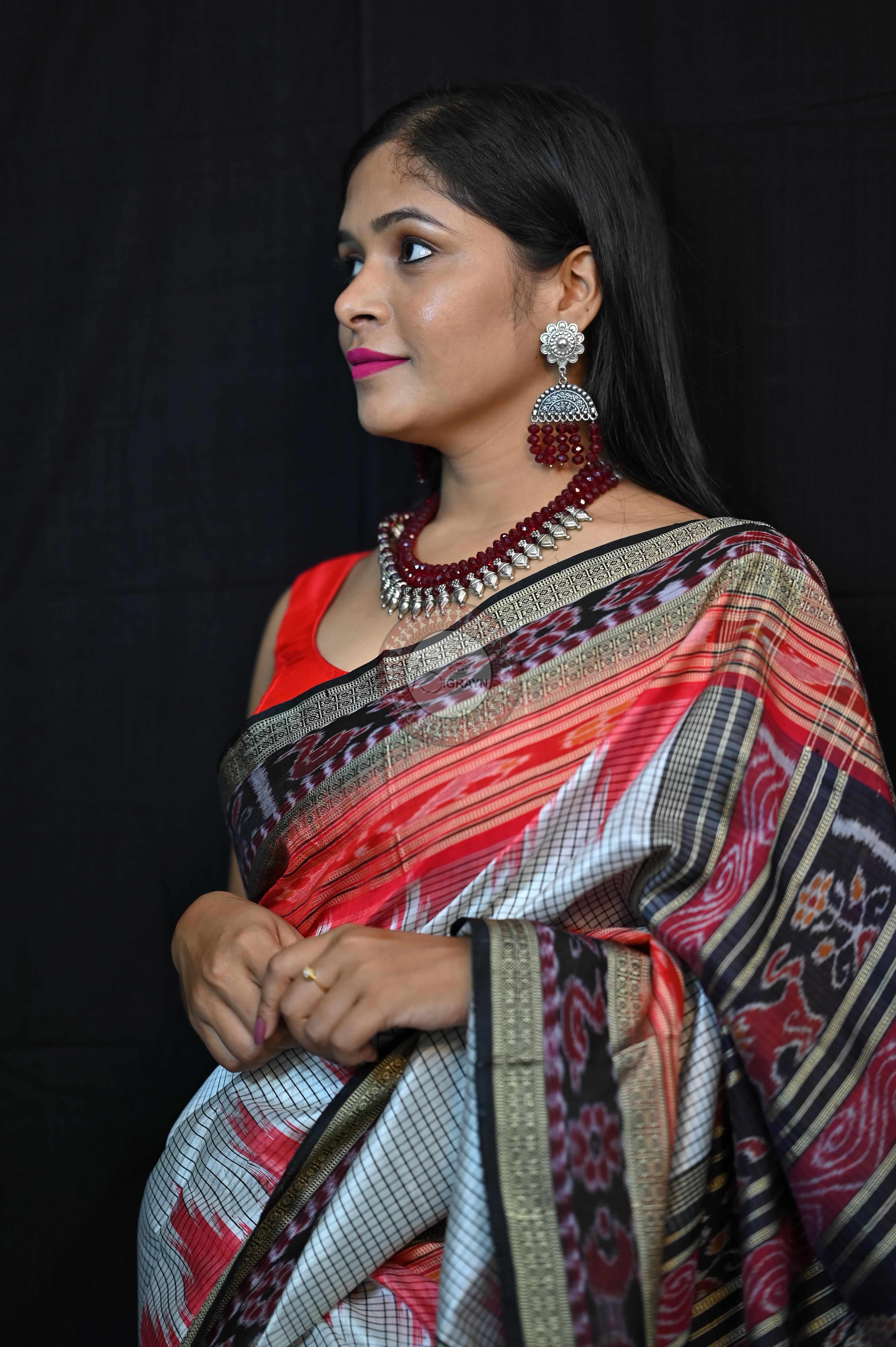 White Red BlackSachipar Khandua Silk Saree