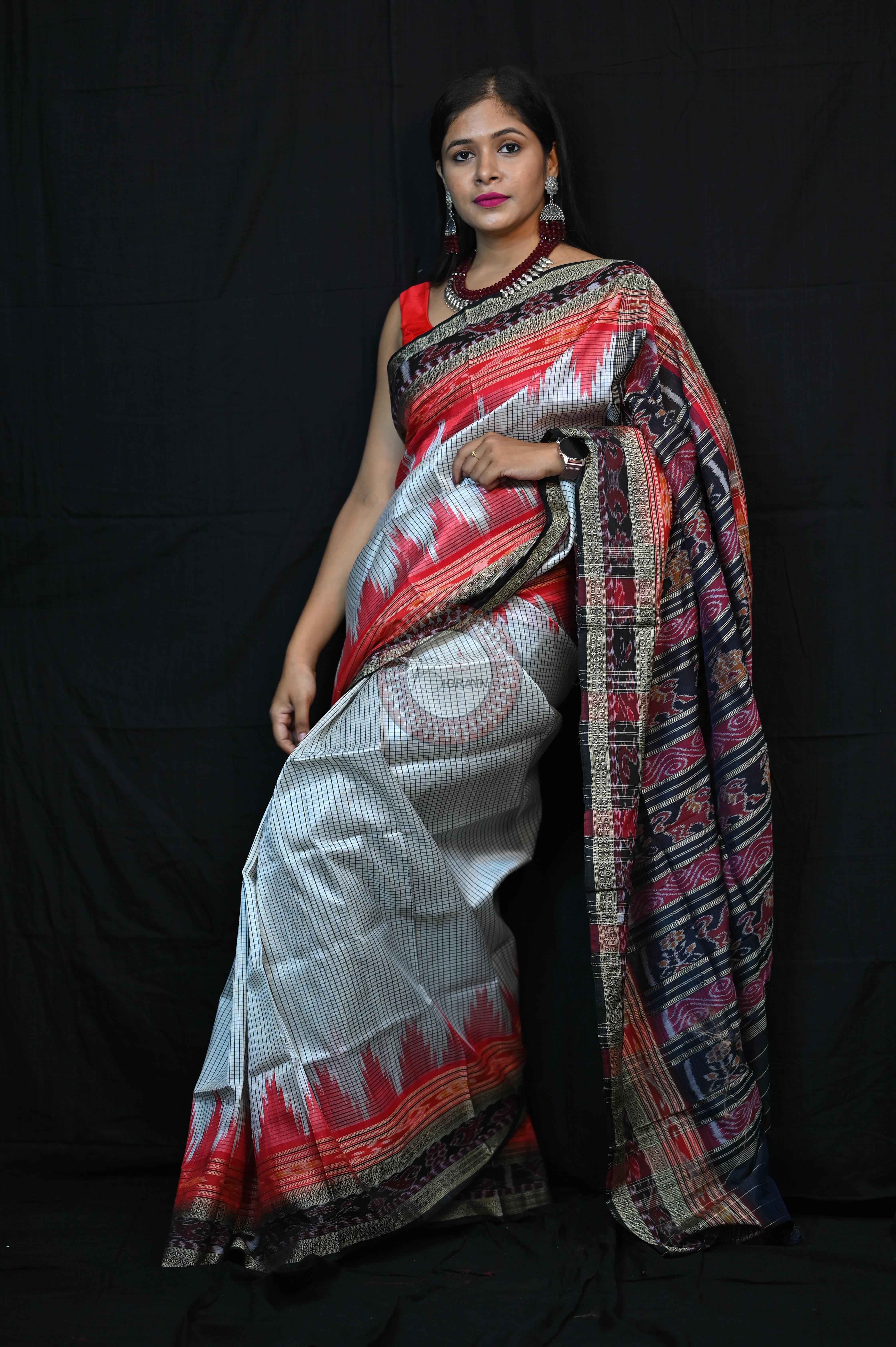 White Red BlackSachipar Khandua Silk Saree