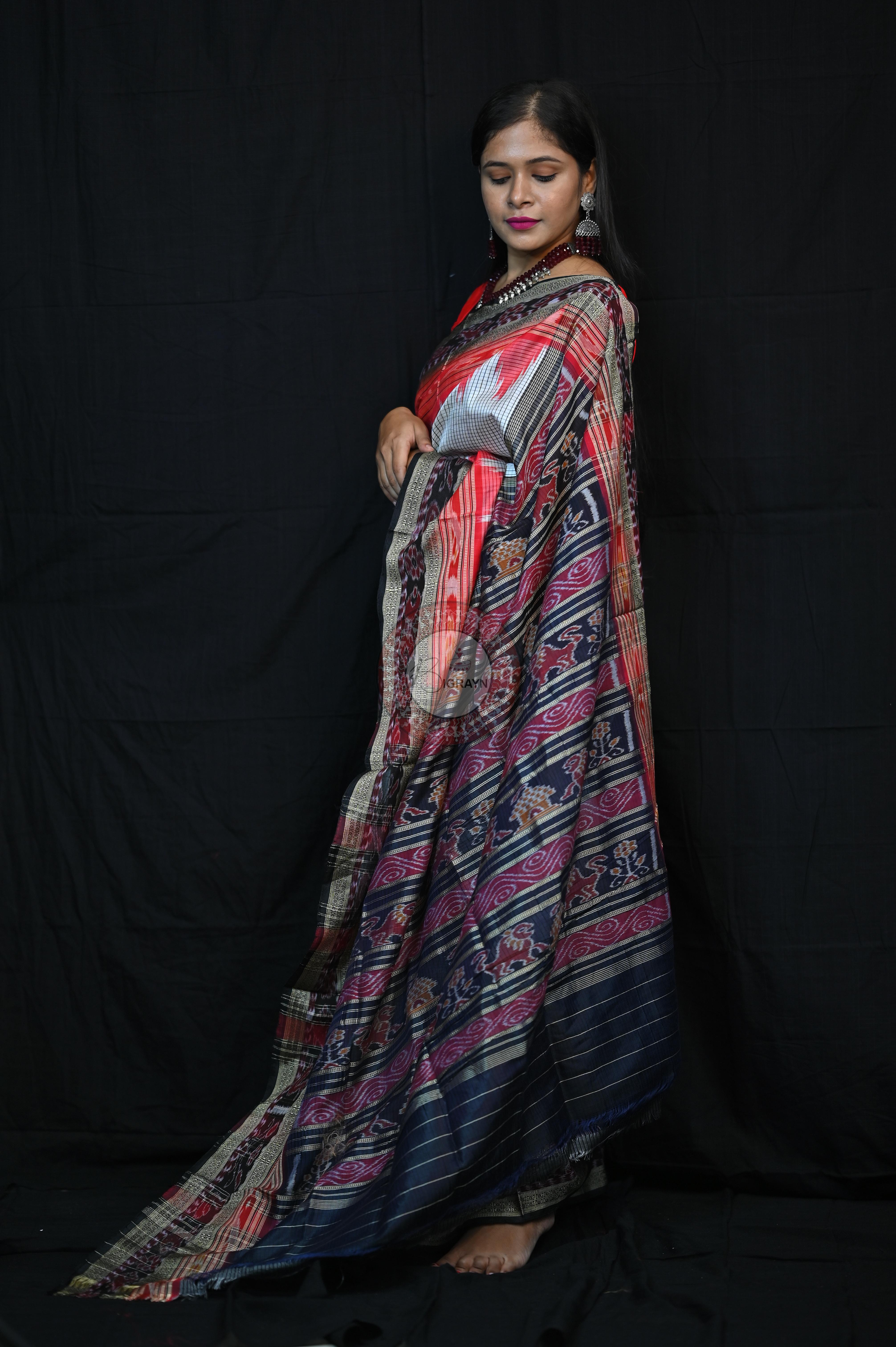 White Red BlackSachipar Khandua Silk Saree