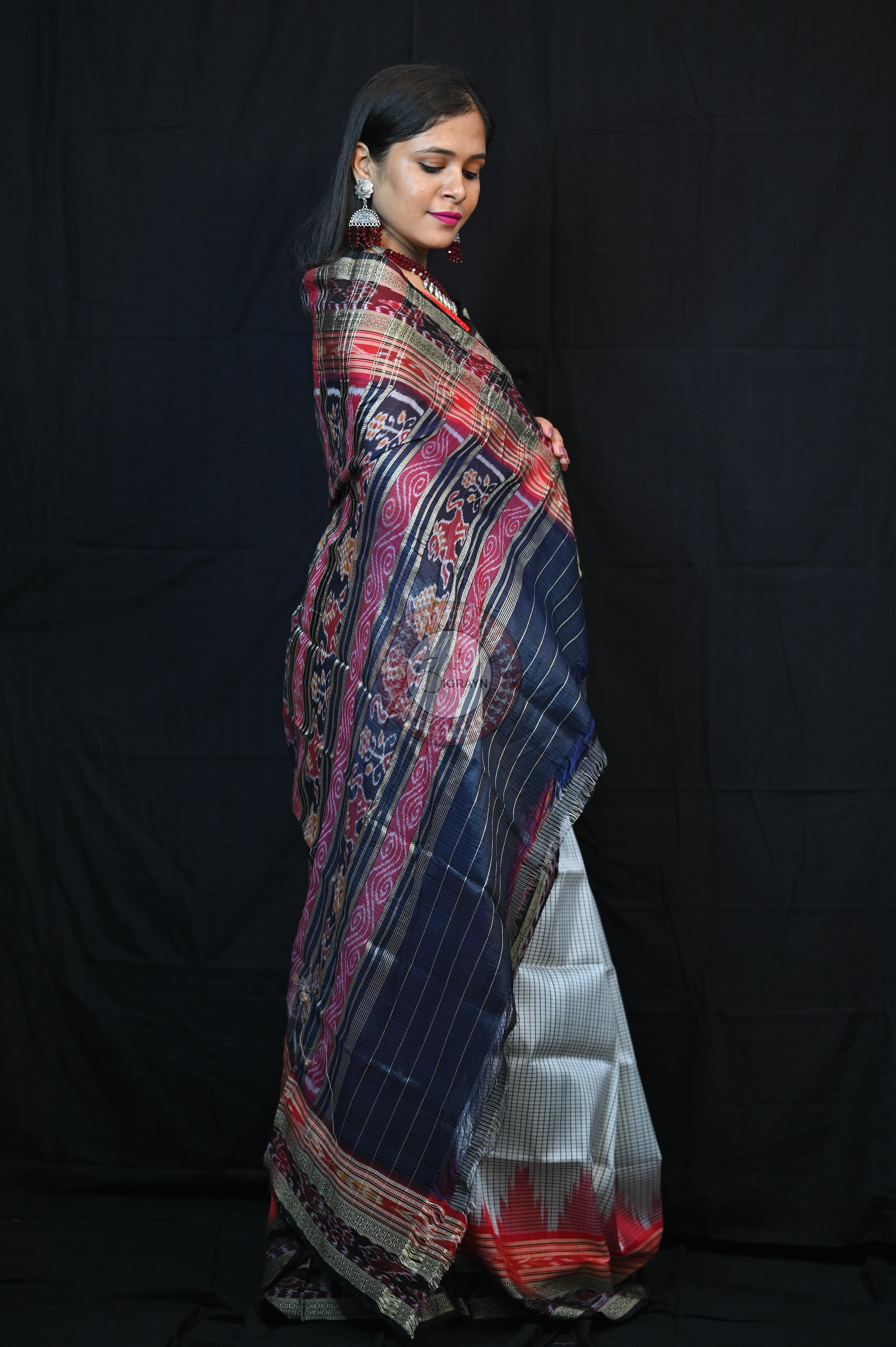 White Red BlackSachipar Khandua Silk Saree