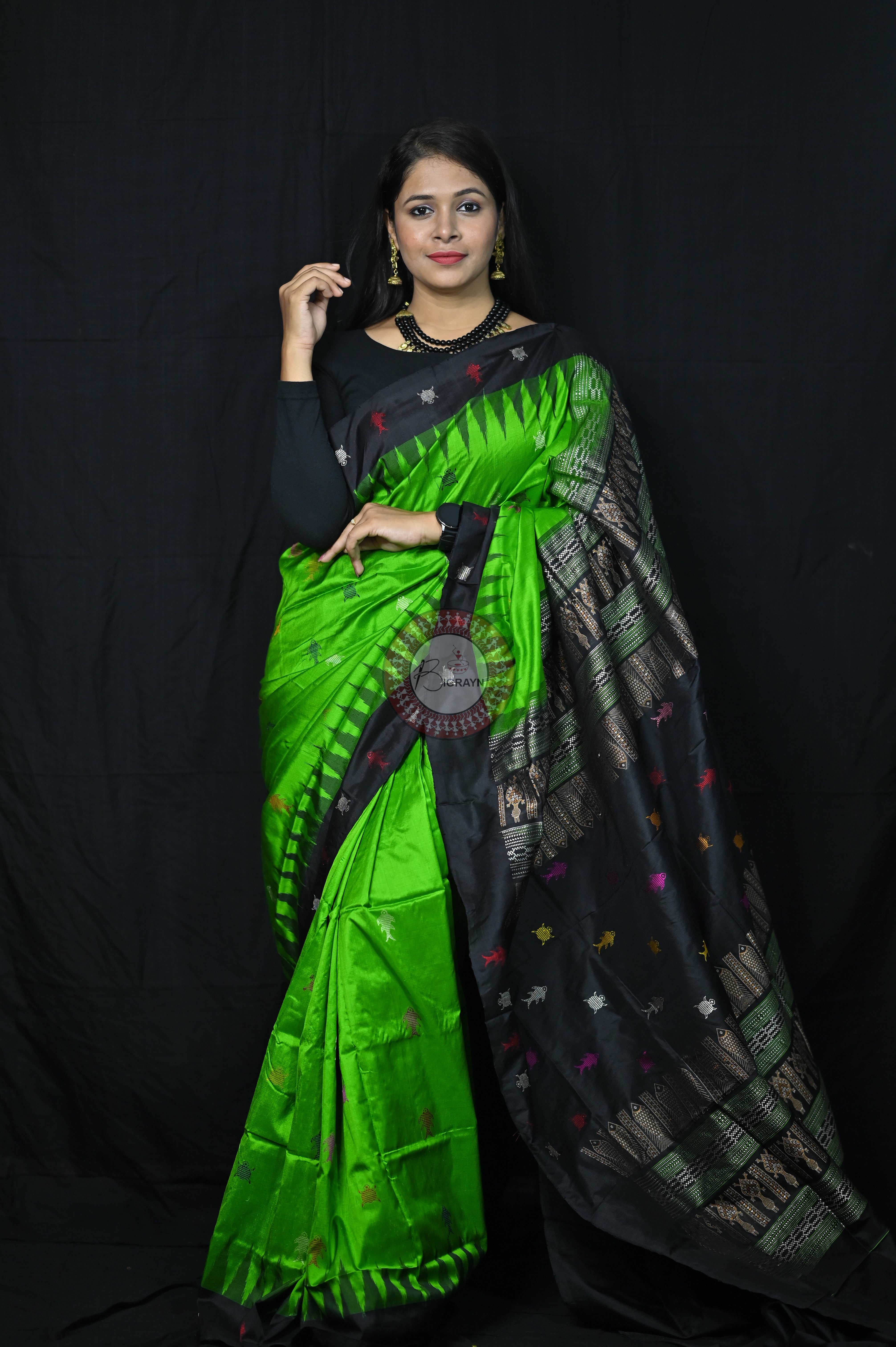 Mastya Kachhap Green Black Bomkai Silk Saree