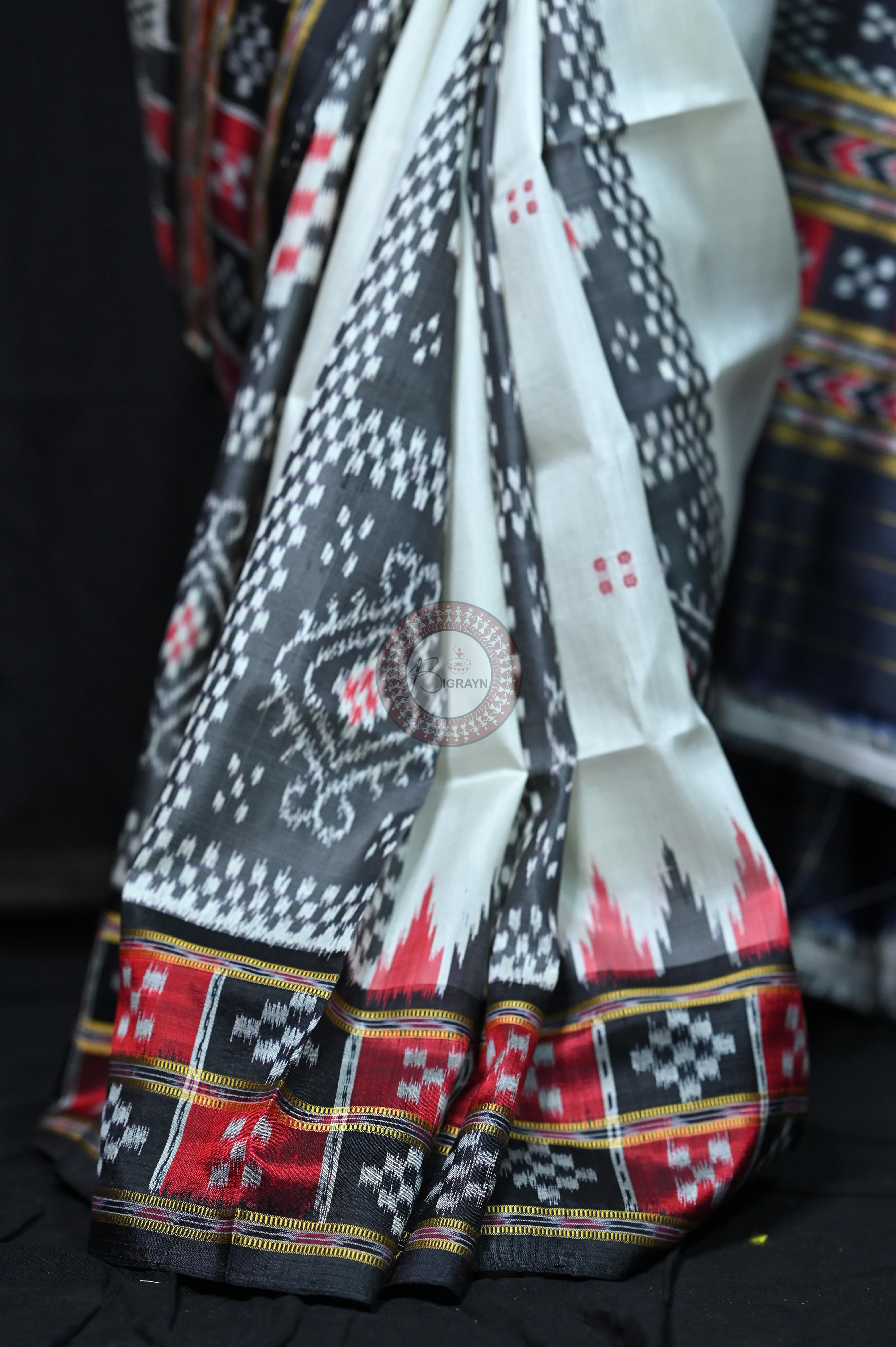 White Black 3D Border Pasapali Khandua Silk Saree