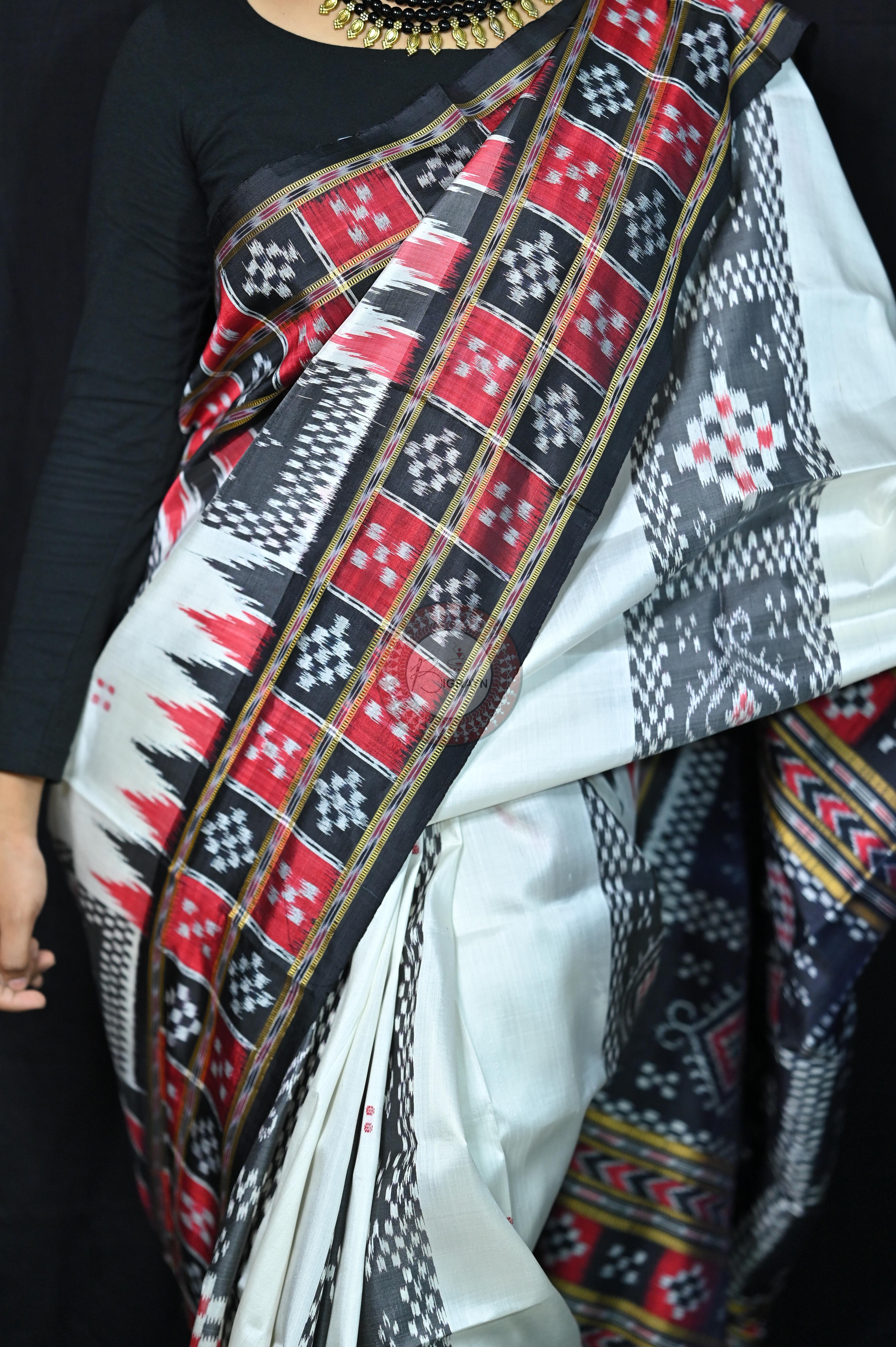 White Black 3D Border Pasapali Khandua Silk Saree