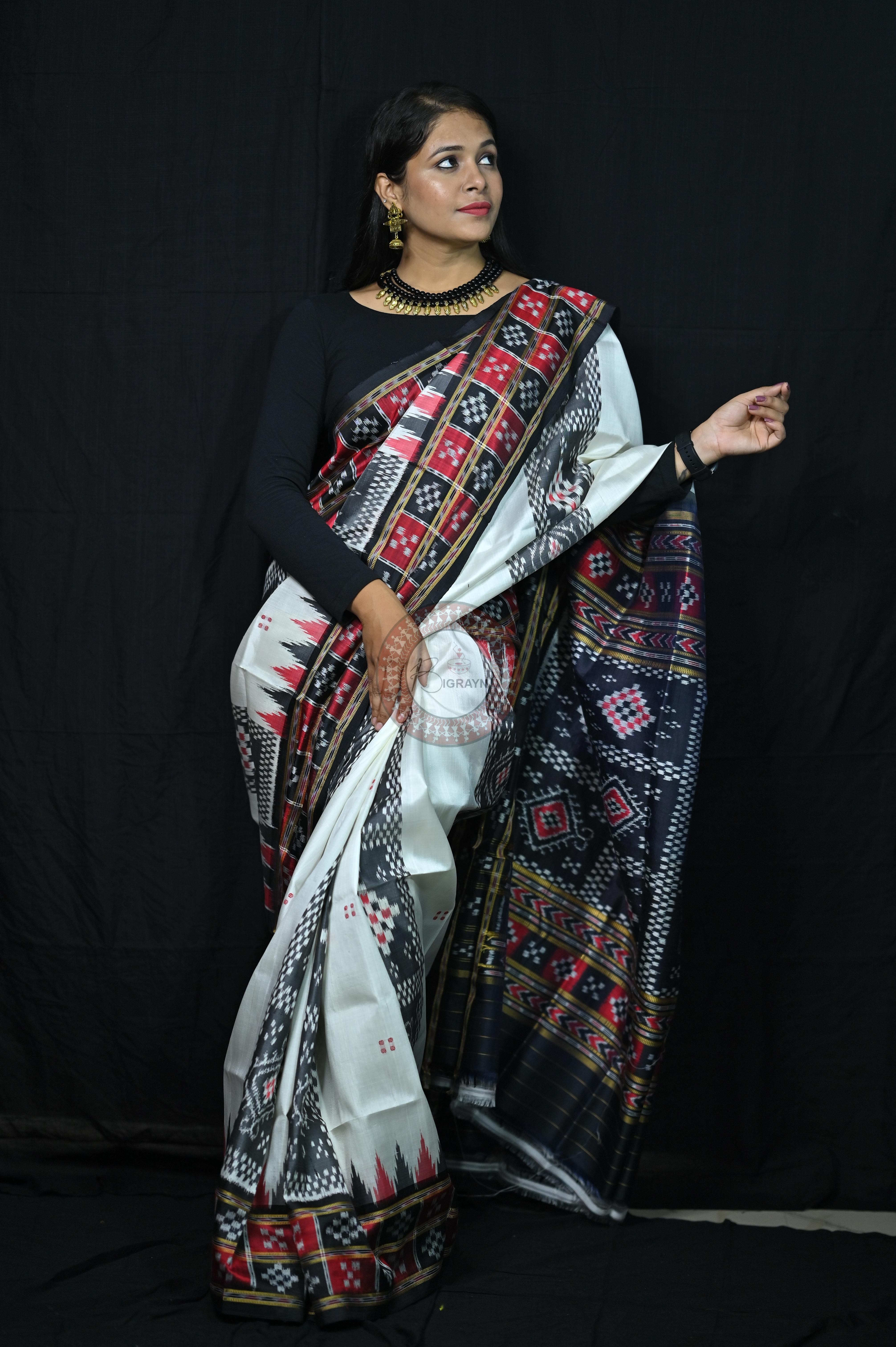 White Black 3D Border Pasapali Khandua Silk Saree
