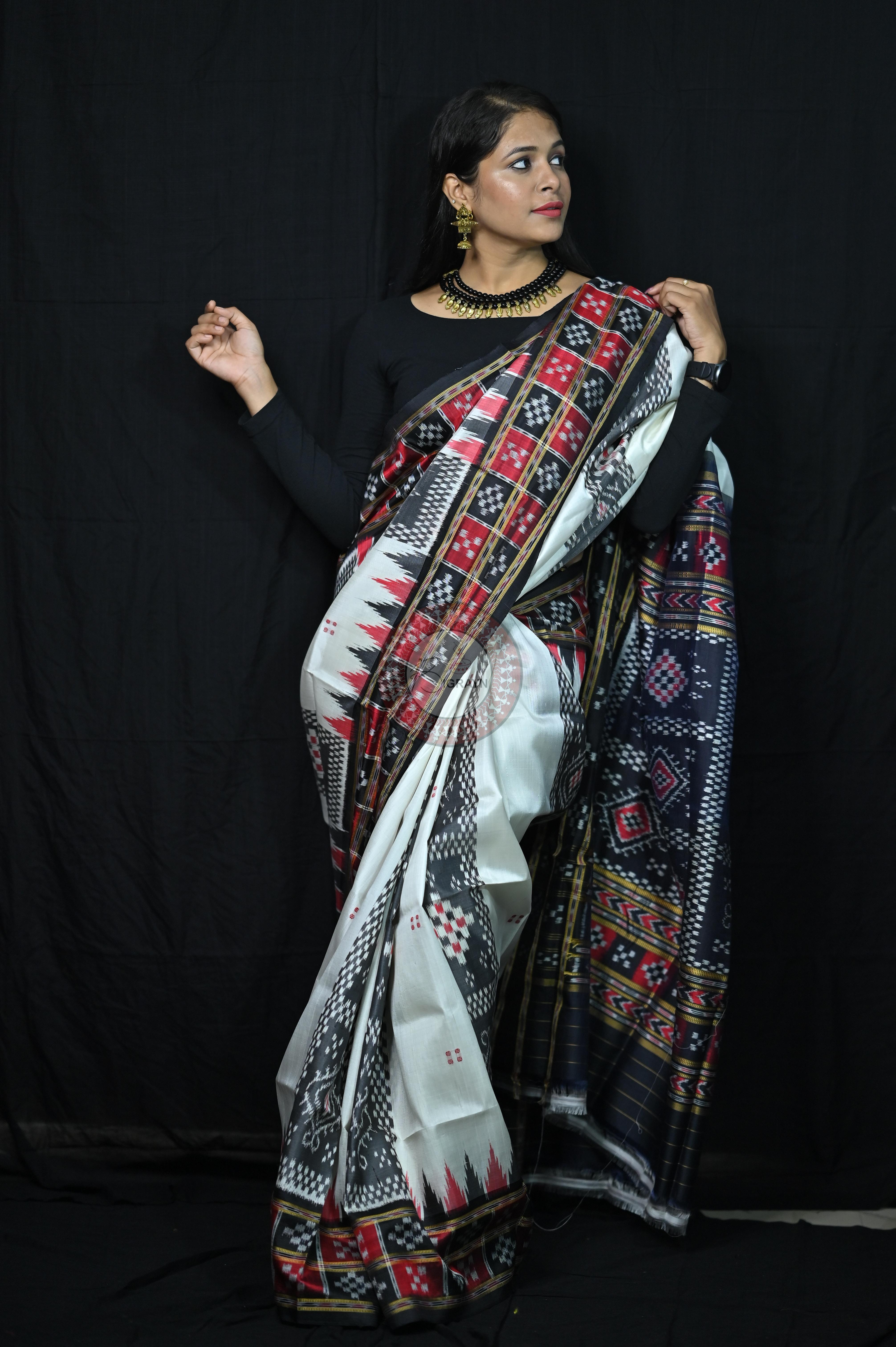 White Black 3D Border Pasapali Khandua Silk Saree