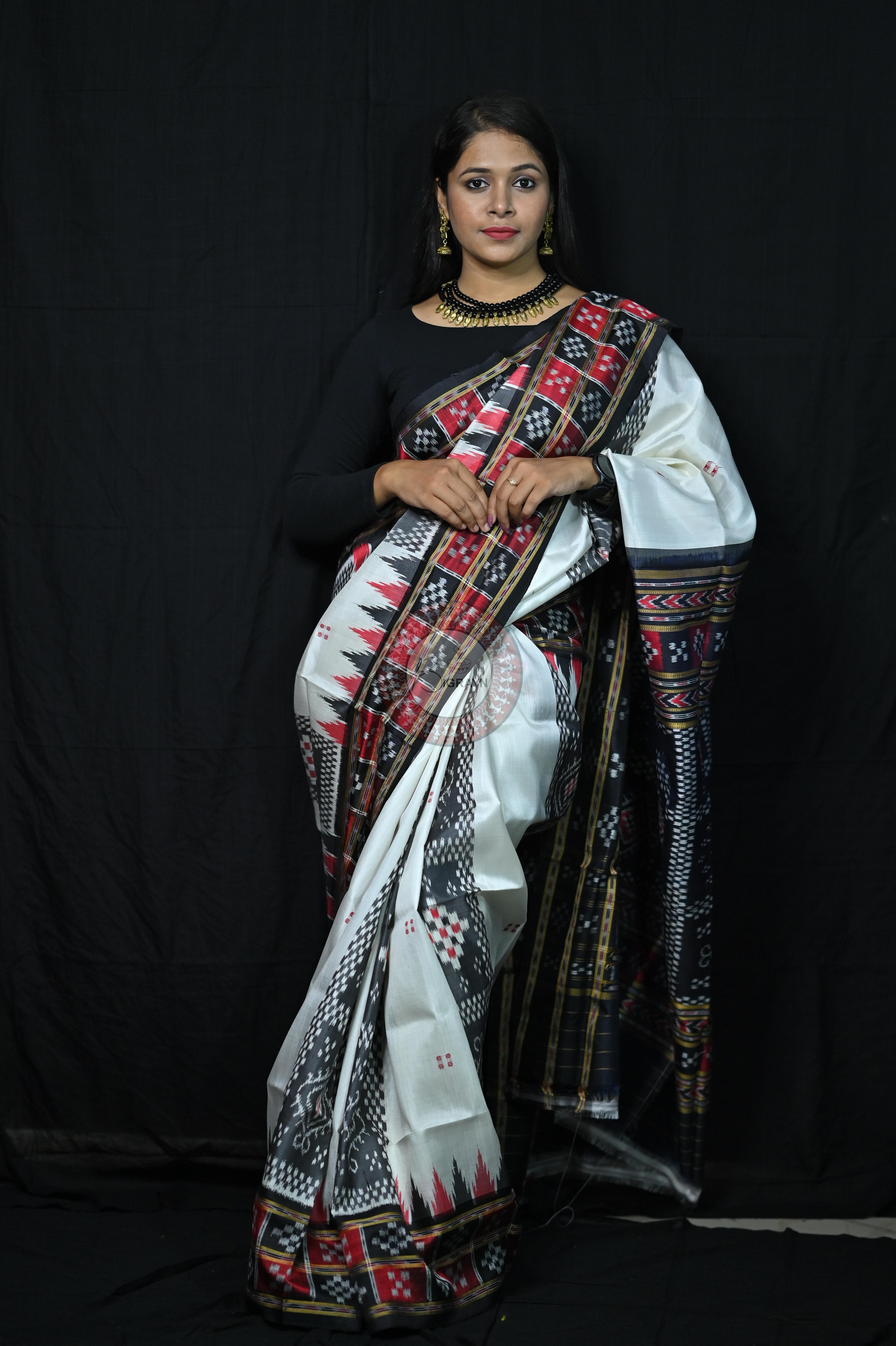 White Black 3D Border Pasapali Khandua Silk Saree